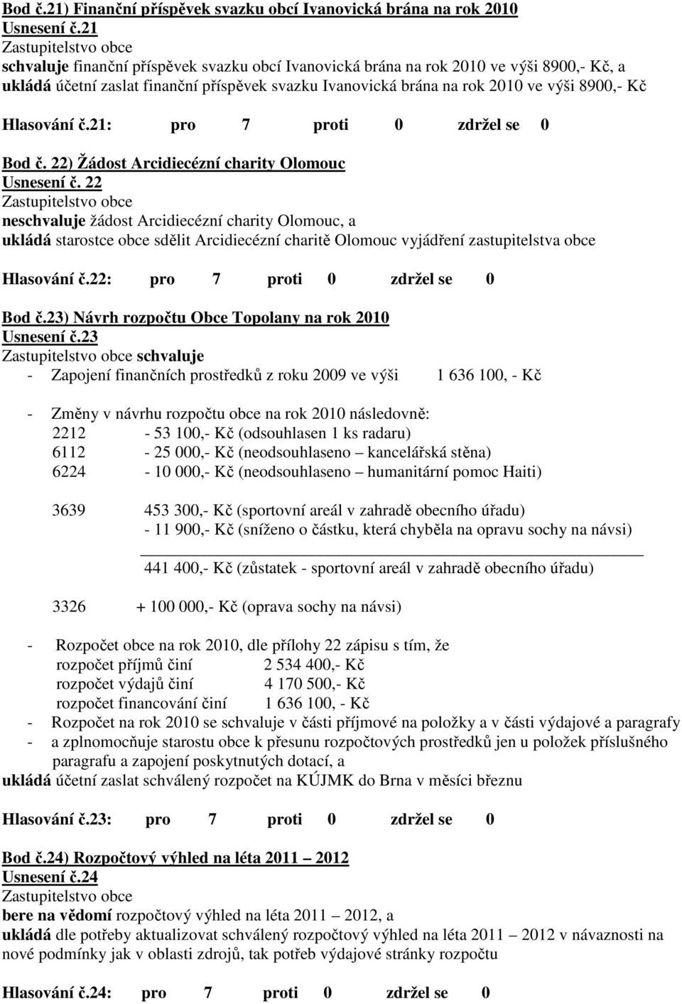 21: pro 7 proti 0 zdržel se 0 Bod č. 22) Žádost Arcidiecézní charity Olomouc Usnesení č.