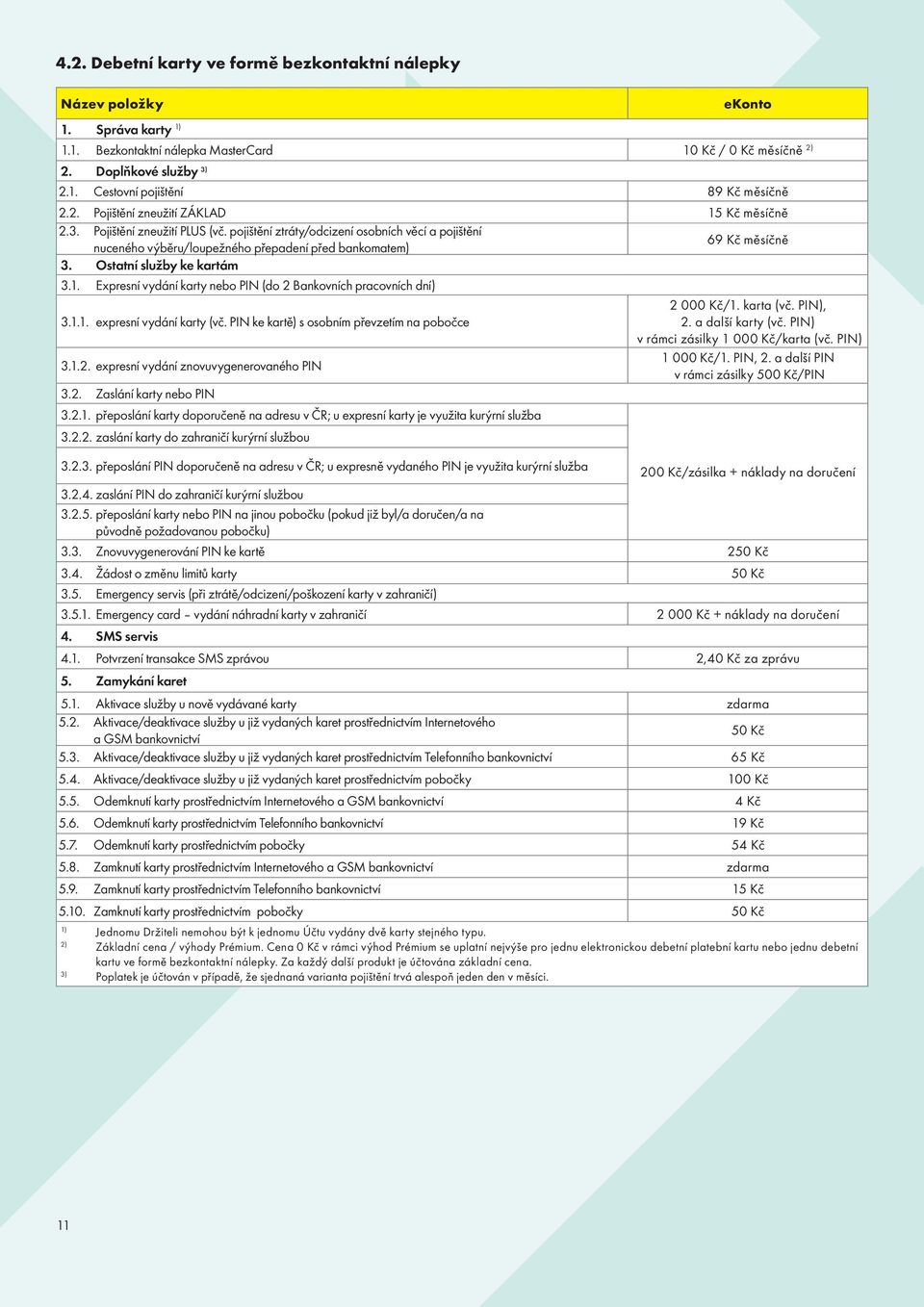 Expresní vydání karty nebo PIN (do 2 Bankovních pracovních dní) 2 000 Kč/1. karta (vč. PIN), 3.1.1. expresní vydání karty (vč. PIN ke kartě) s osobním převzetím na pobočce 2. a další karty (vč.