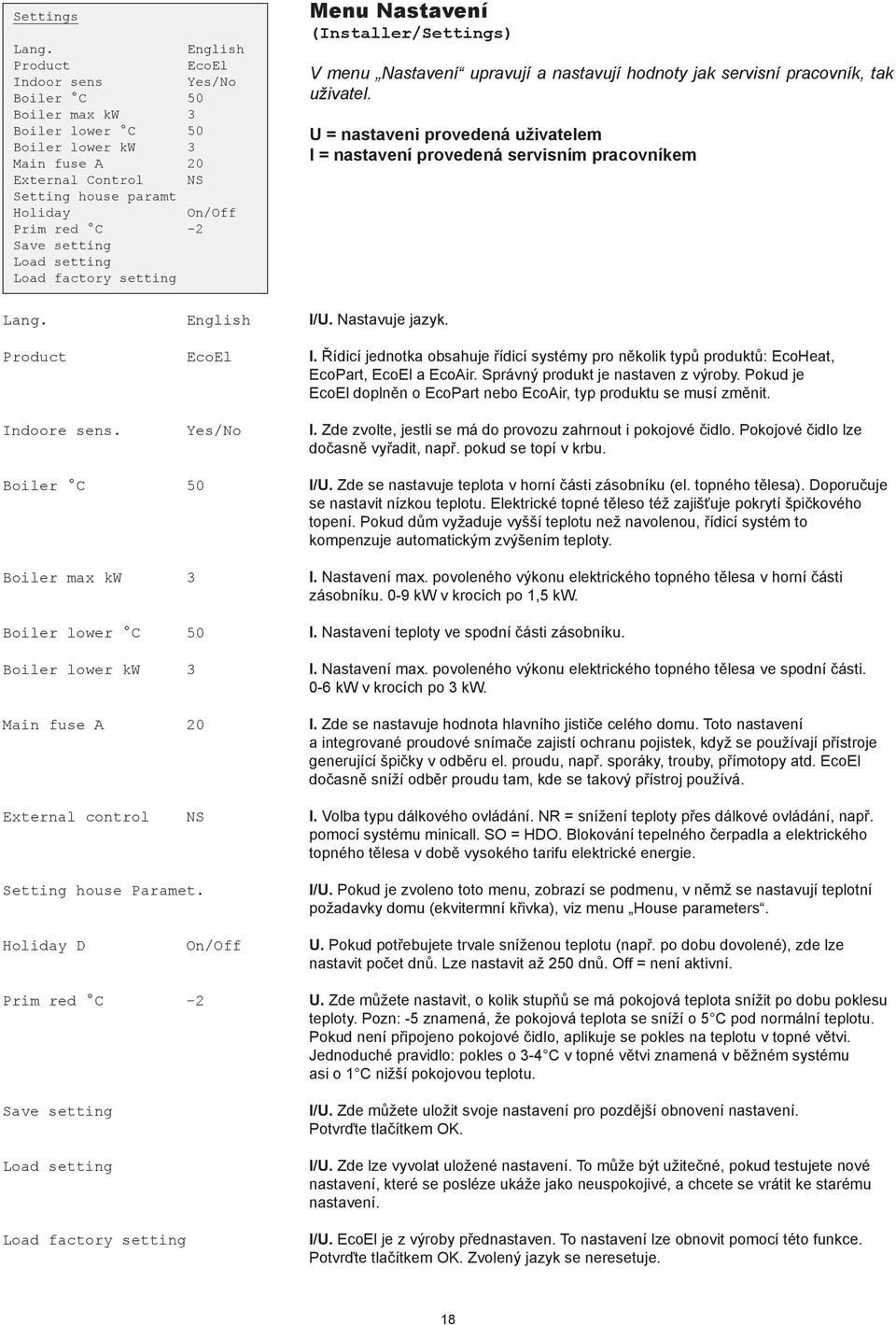 Load setting Load factory setting Menu Nastavení (Installer/Settings) V menu Nastavení upravují a nastavují hodnoty jak servisní pracovník, tak uživatel.