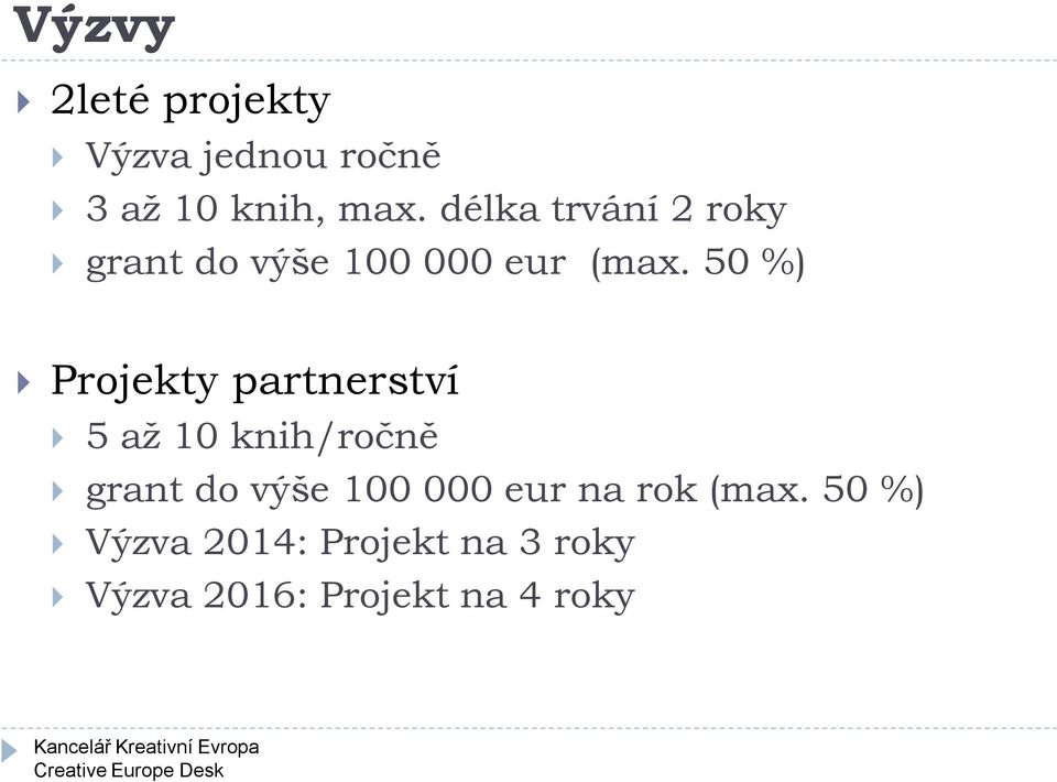 50 %) Projekty partnerství 5 až 10 knih/ročně grant do výše 100