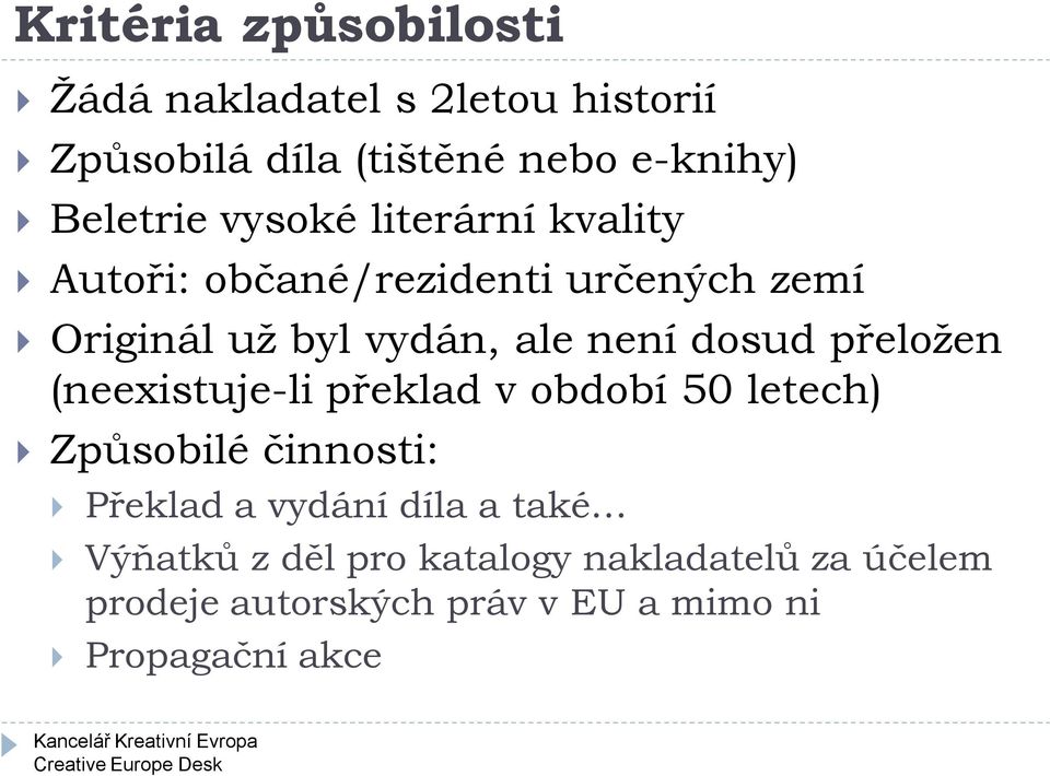 přeložen (neexistuje-li překlad v období 50 letech) Způsobilé činnosti: Překlad a vydání díla a také