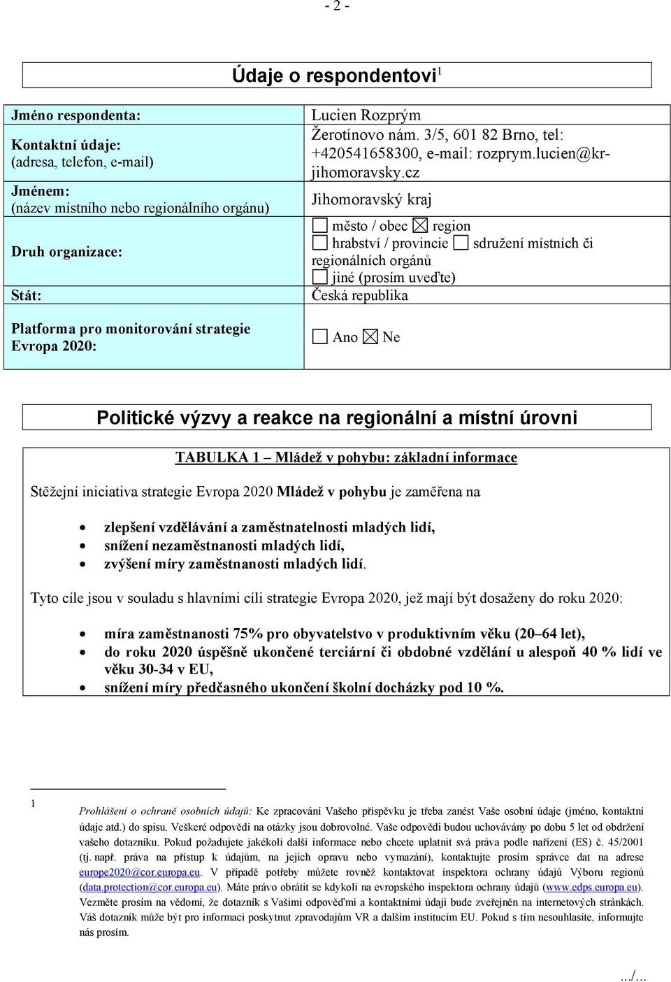 cz Jihomoravský kraj město / obec region hrabství / provincie sdružení místních či regionálních orgánů jiné (prosím uveďte) Česká republika Platforma pro monitorování strategie Evropa 2020: Ano Ne