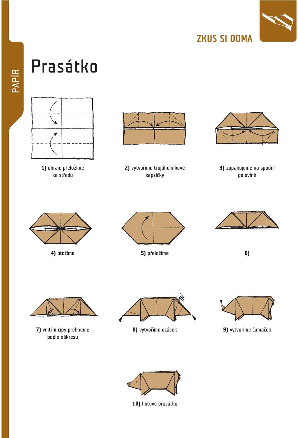 4) otočíme 5) přeložíme 6) 7) vnitřní cípy přehneme podle