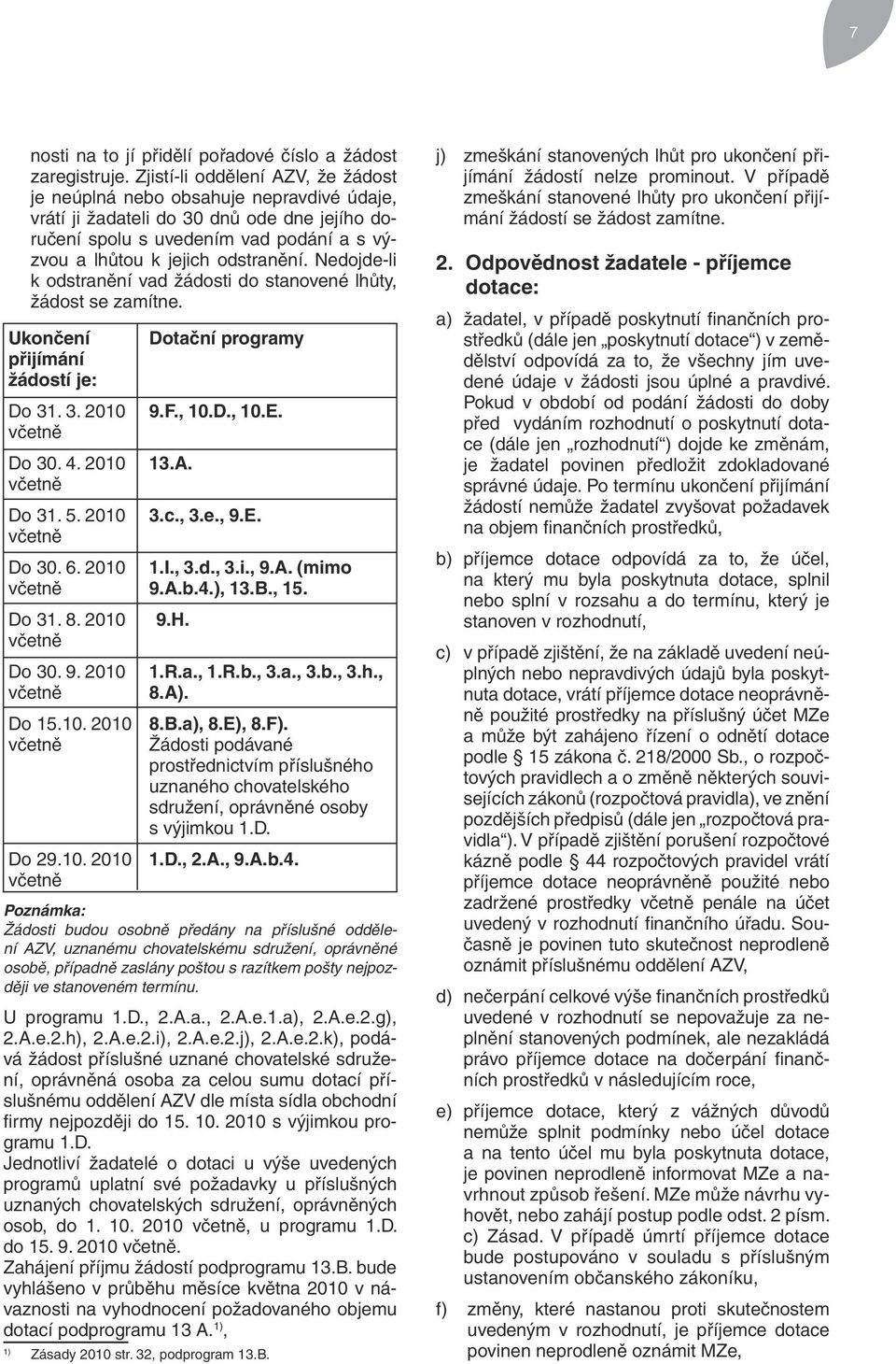 Nedojde-li k odstranění vad žádosti do stanovené lhůty, žádost se zamítne. Ukončení přijímání žádostí je: Do 31. 3. 2010 včetně Do 30. 4. 2010 včetně Do 31. 5. 2010 včetně Dotační programy 9.F., 10.D., 10.E.