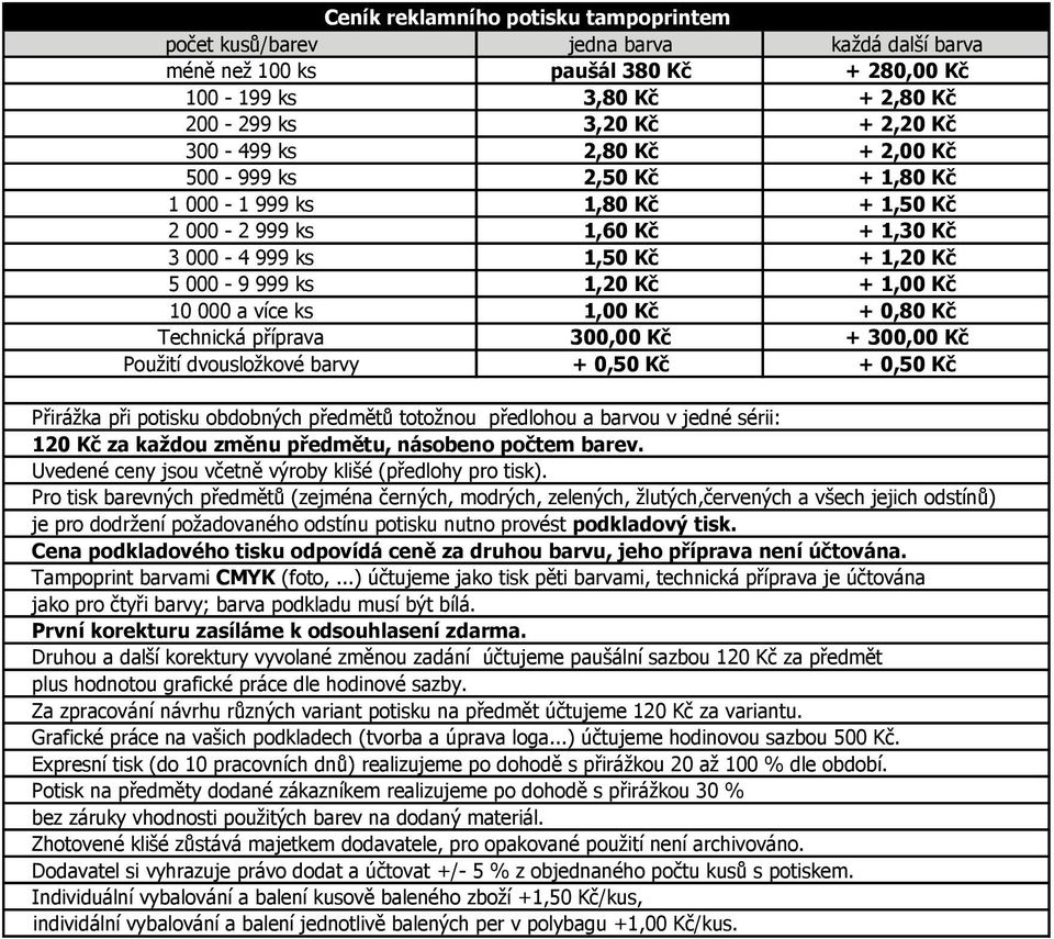 300,00 Kč Použití dvousložkové barvy + 0,50 Kč + 0,50 Kč Přirážka při potisku obdobných předmětů totožnou předlohou a barvou v jedné sérii: 120 Kč za každou změnu předmětu, násobeno počtem barev.