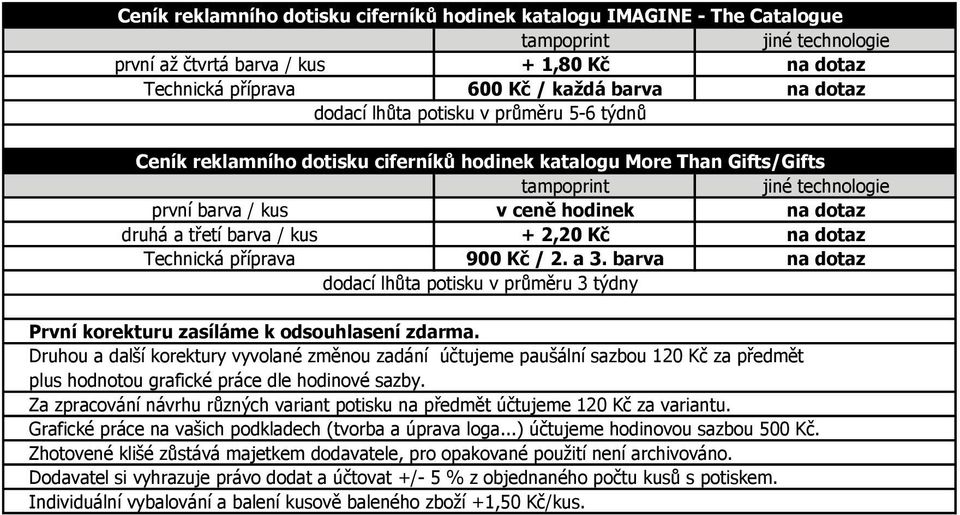 jiné technologie první barva / kus v ceně hodinek na dotaz druhá a třetí barva / kus + 2,20 Kč na dotaz Technická příprava 900 Kč / 2. a 3.