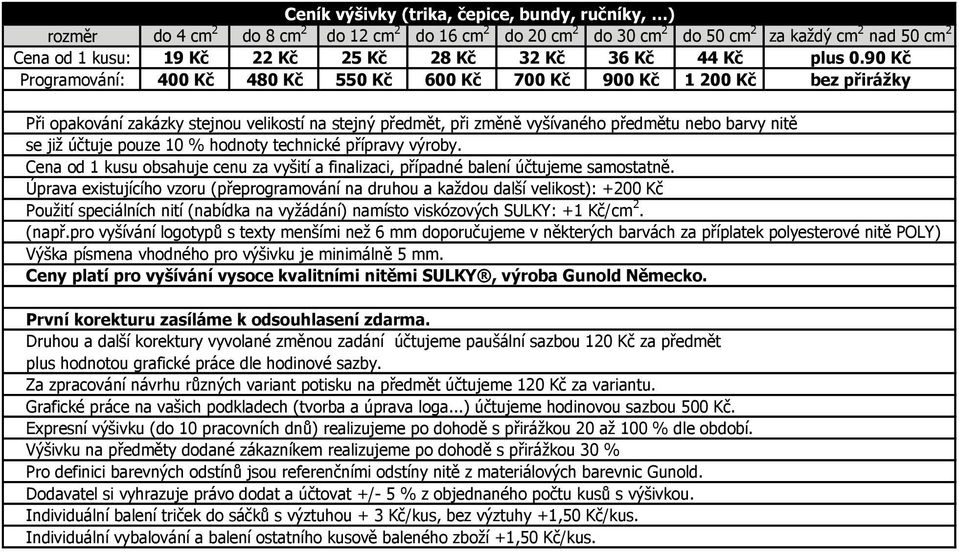 90 Kč Programování: 400 Kč 480 Kč 550 Kč 600 Kč 700 Kč 900 Kč 1 200 Kč bez přirážky Při opakování zakázky stejnou velikostí na stejný předmět, při změně vyšívaného předmětu nebo barvy nitě se již