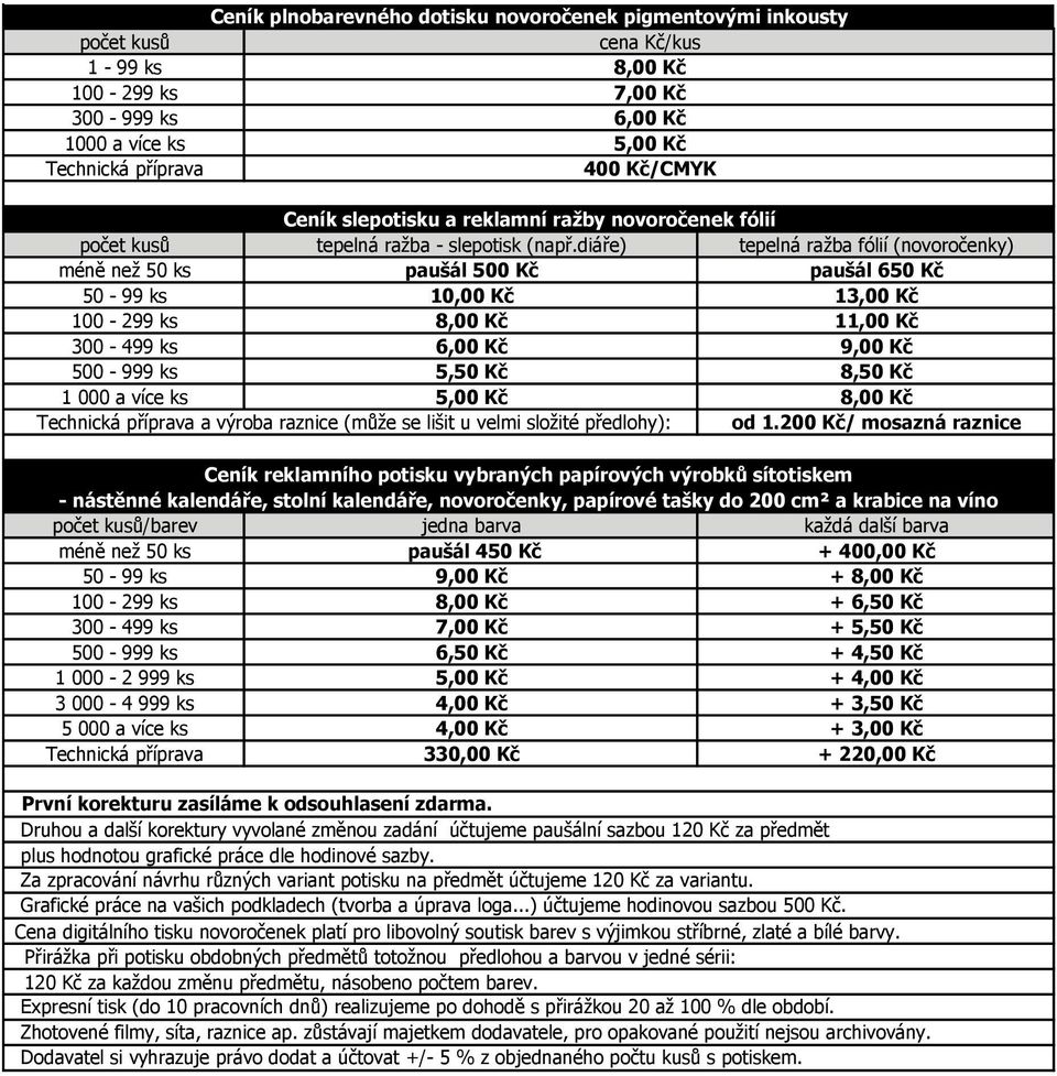 diáře) tepelná ražba fólií (novoročenky) méně než 50 ks paušál 500 Kč paušál 650 Kč 50-99 ks 10,00 Kč 13,00 Kč 100-299 ks 8,00 Kč 11,00 Kč 300-499 ks 6,00 Kč 9,00 Kč 500-999 ks 5,50 Kč 8,50 Kč 1 000