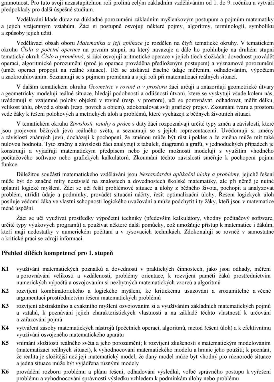 Žáci si postupně osvojují některé pojmy, algoritmy, terminologii, symboliku a způsoby jejich užití. Vzdělávací obsah oboru Matematika a její aplikace je rozdělen na čtyři tematické okruhy.