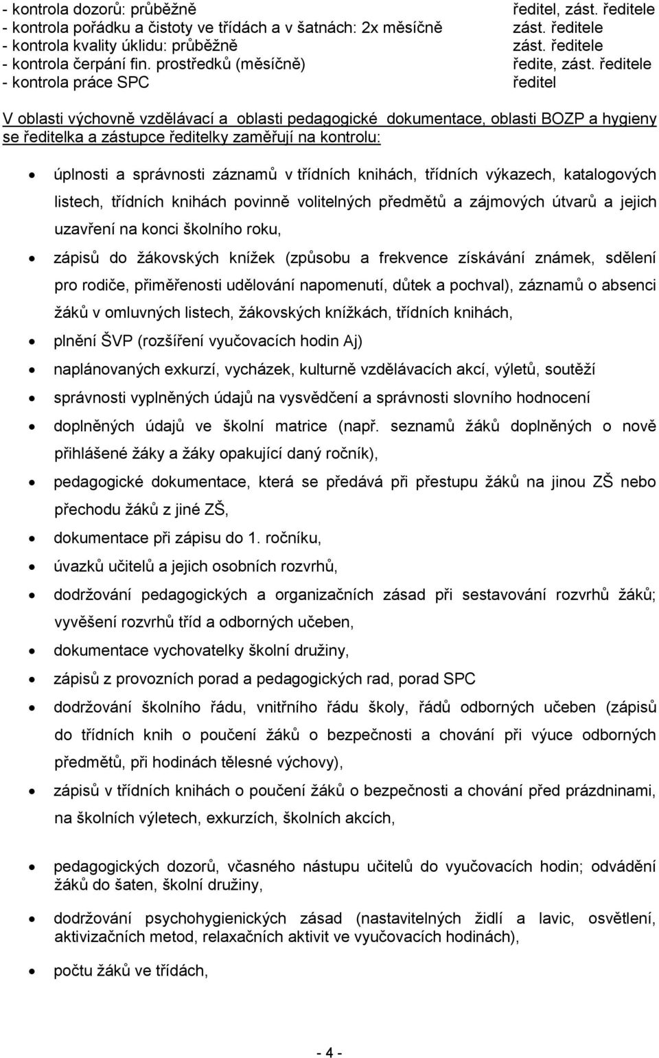 ředitele - kontrola práce SPC ředitel V oblasti výchovně vzdělávací a oblasti pedagogické dokumentace, oblasti BOZP a hygieny se ředitelka a zástupce ředitelky zaměřují na kontrolu: úplnosti a