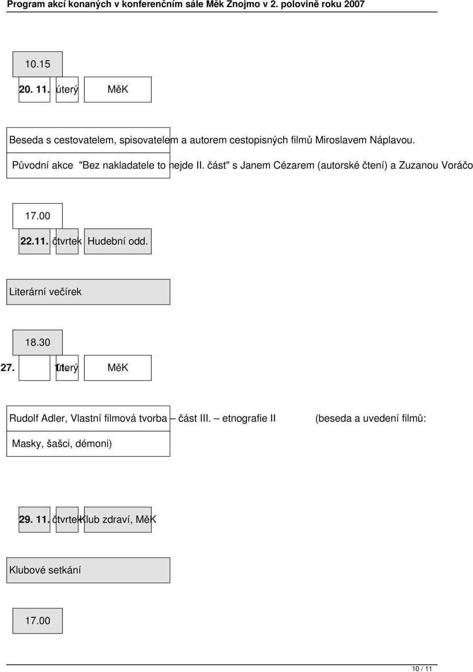 čtvrtek Hudební odd. Literární večírek 18.30 27. 11. úterý MěK Rudolf Adler, Vlastní filmová tvorba část III.