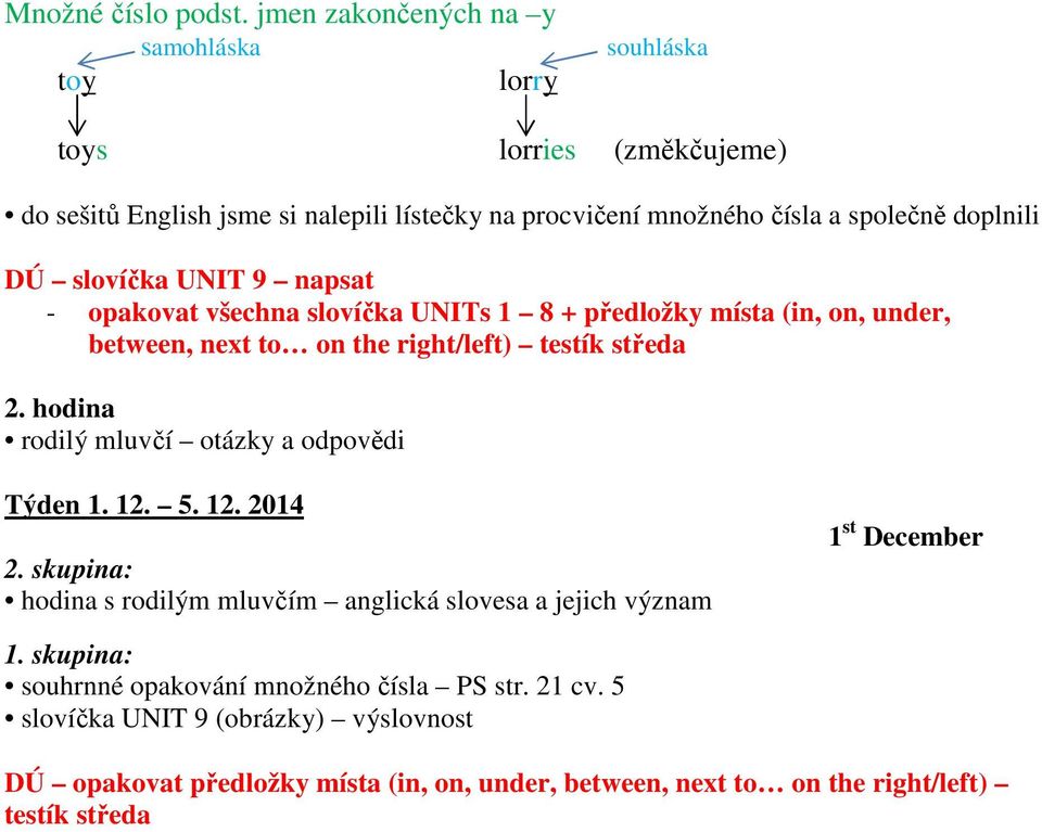 doplnili DÚ slovíčka UNIT 9 napsat - opakovat všechna slovíčka UNITs 1 8 + předložky místa (in, on, under, between, next to on the right/left) testík středa 2.