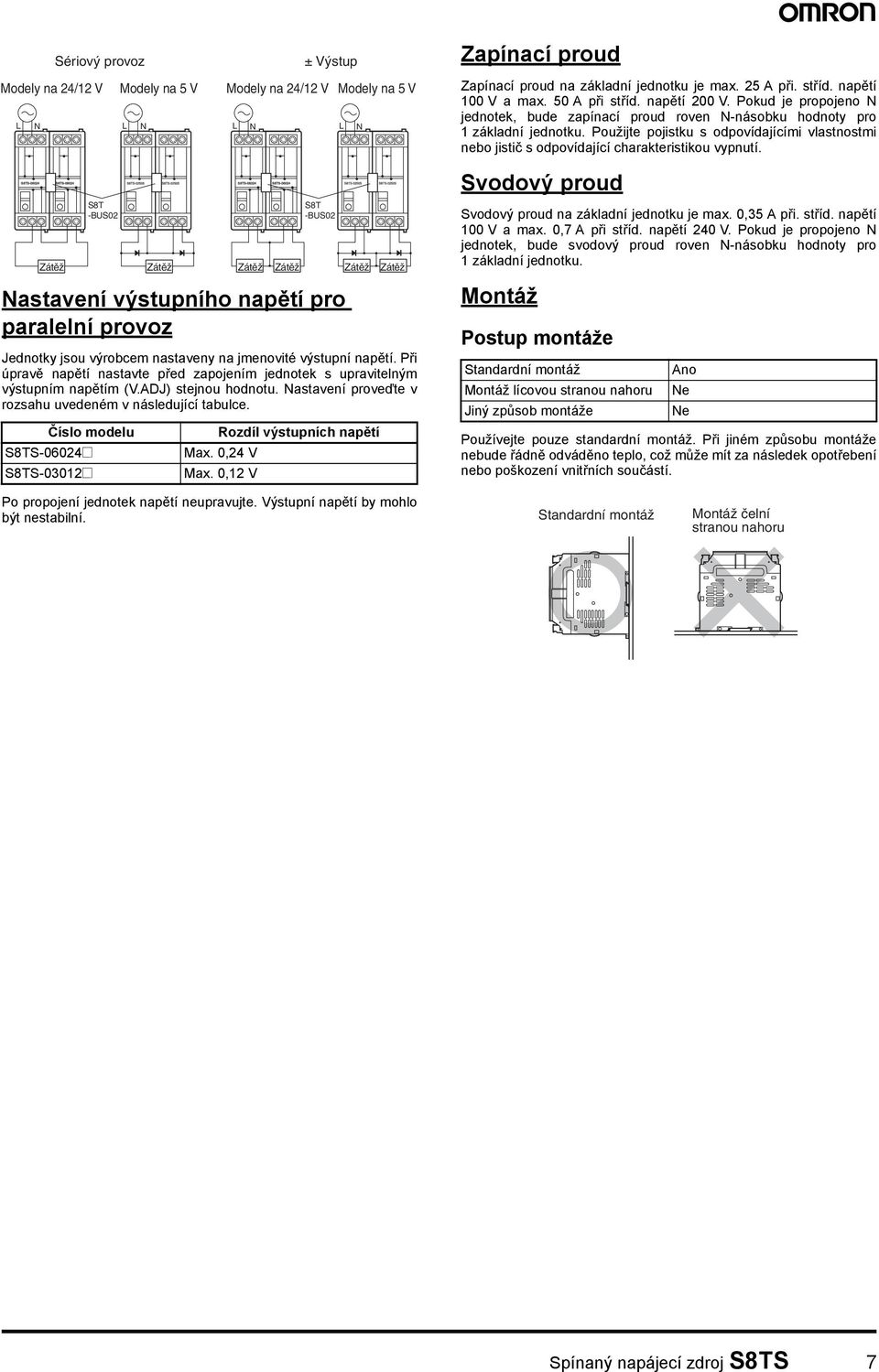 Číslo modelu S8TS-06024@ S8TS-03012@ Rozdíl výstupních napětí Max. 0,24 V Max.