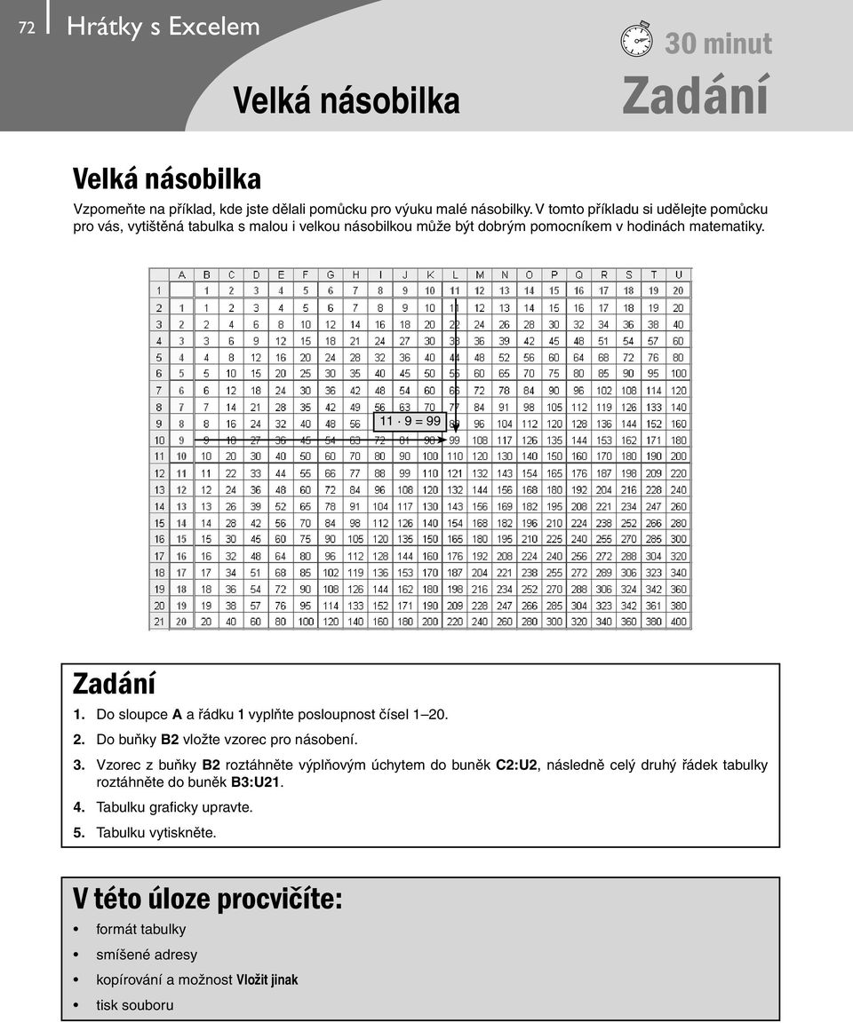 11 9 = 99 Do sloupce A a řádku 1 vyplňte posloupnost čísel 1 20. Do buňky B2 vložte vzorec pro násobení.