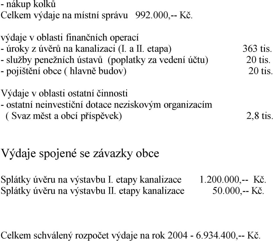 Výdaje v oblasti ostatní činnosti - ostatní neinvestiční dotace neziskovým organizacím ( Svaz měst a obcí příspěvek) 2,8 tis.