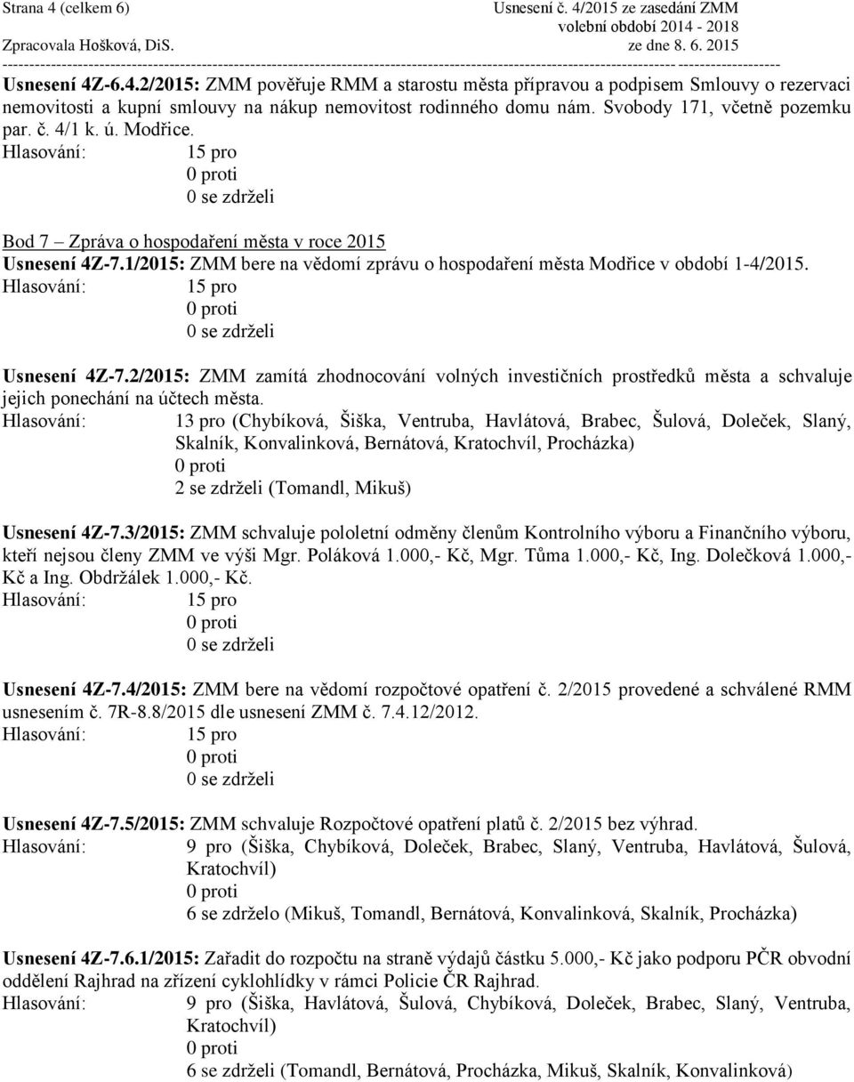 Usnesení 4Z-7.2/2015: ZMM zamítá zhodnocování volných investičních prostředků města a schvaluje jejich ponechání na účtech města.