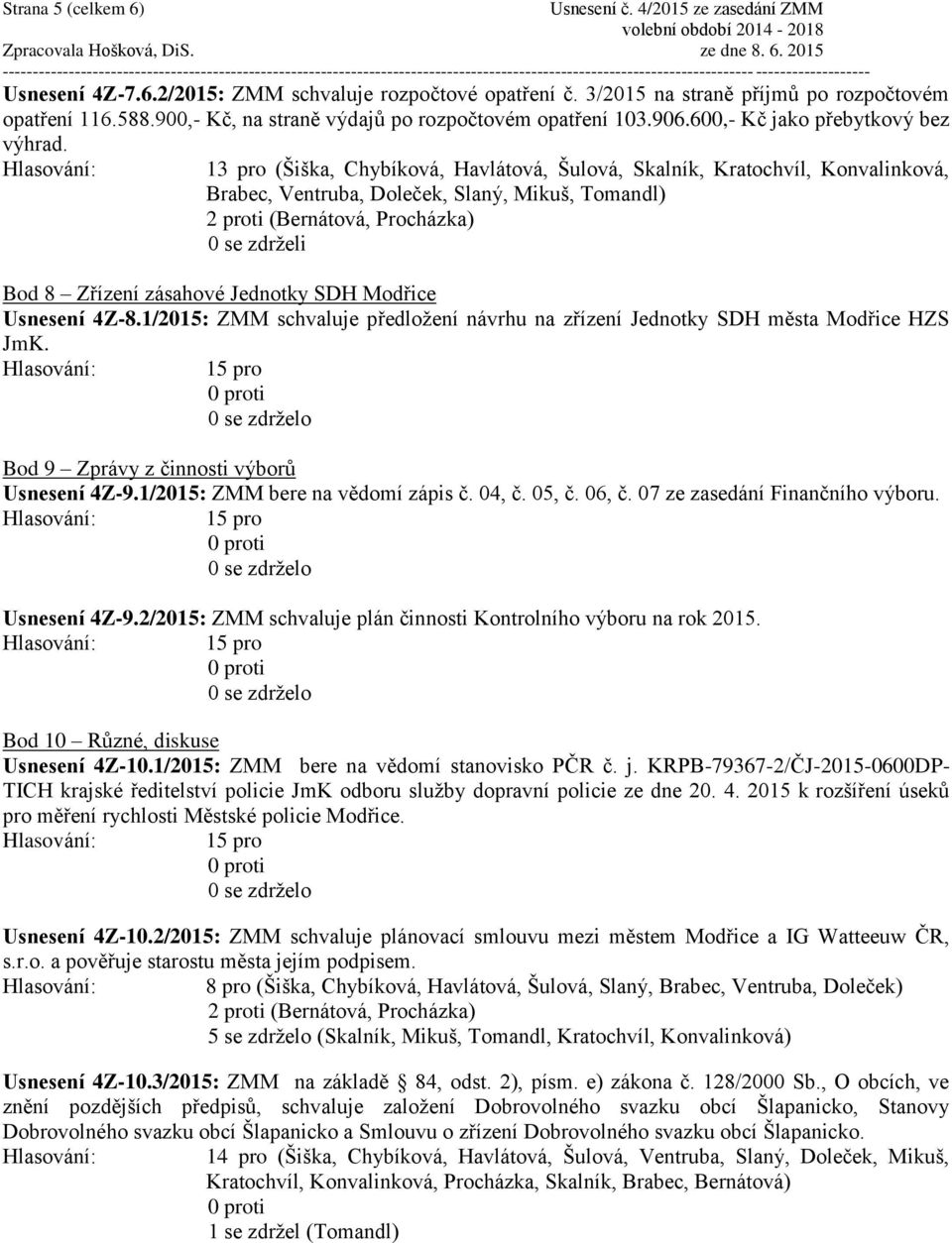 Bod 9 Zprávy z činnosti výborů Usnesení 4Z-9.1/2015: ZMM bere na vědomí zápis č. 04, č. 05, č. 06, č. 07 ze zasedání Finančního výboru. Usnesení 4Z-9.2/2015: ZMM schvaluje plán činnosti Kontrolního výboru na rok 2015.