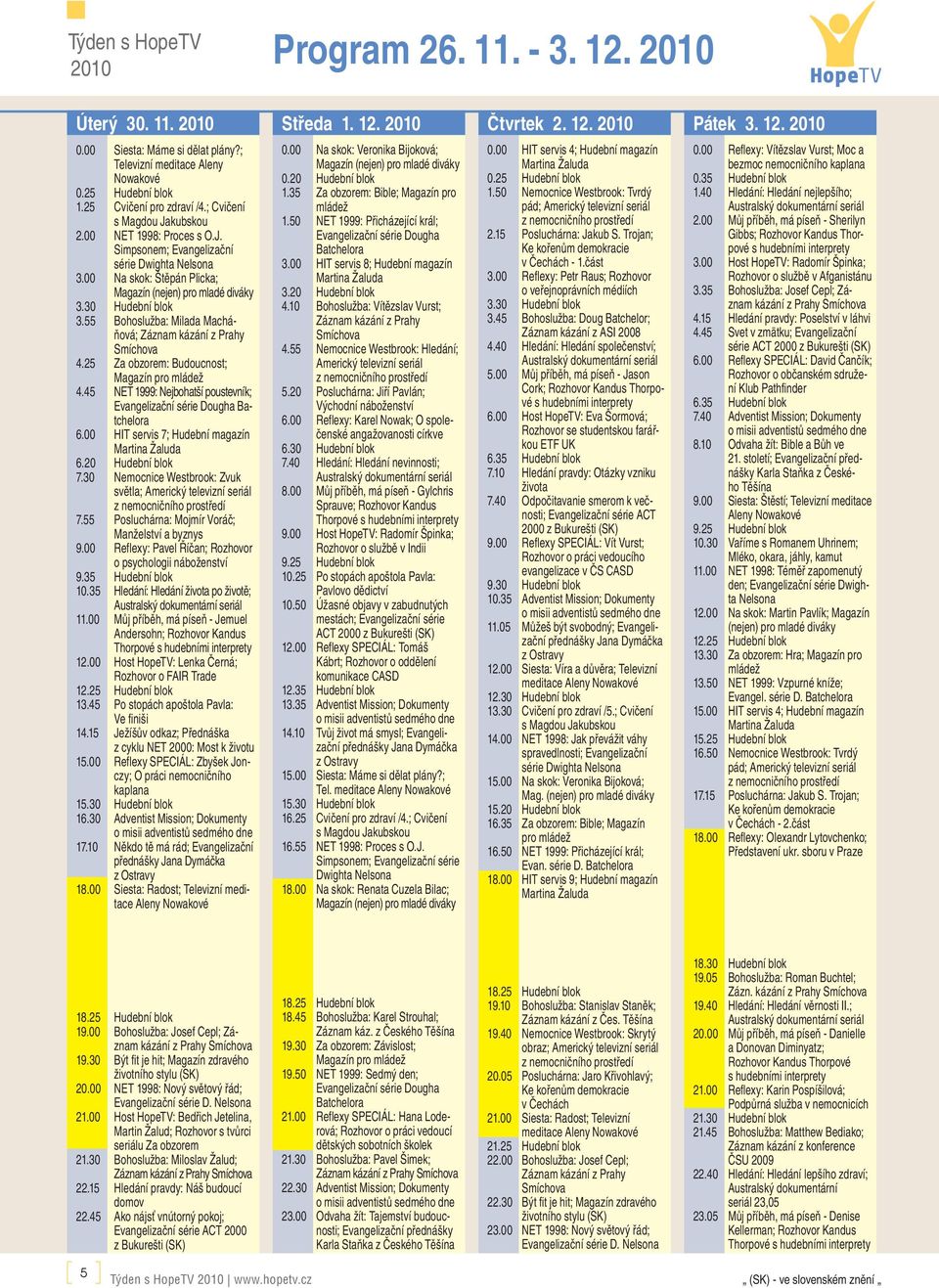 45 NET 1999: Nejbohatší poustevník; 6.00 HIT servis 7; Hudební magazín 6.20 Hudební blok 7.30 Nemocnice Westbrook: Zvuk světla; 7.55 Posluchárna: Mojmír Voráč; Manželství a byznys 9.