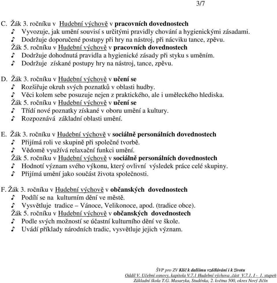 Dodržuje získané postupy hry na nástroj, tance, zpěvu. D. Žák 3. ročníku v Hudební výchově v učení se Rozšiřuje okruh svých poznatků v oblasti hudby.