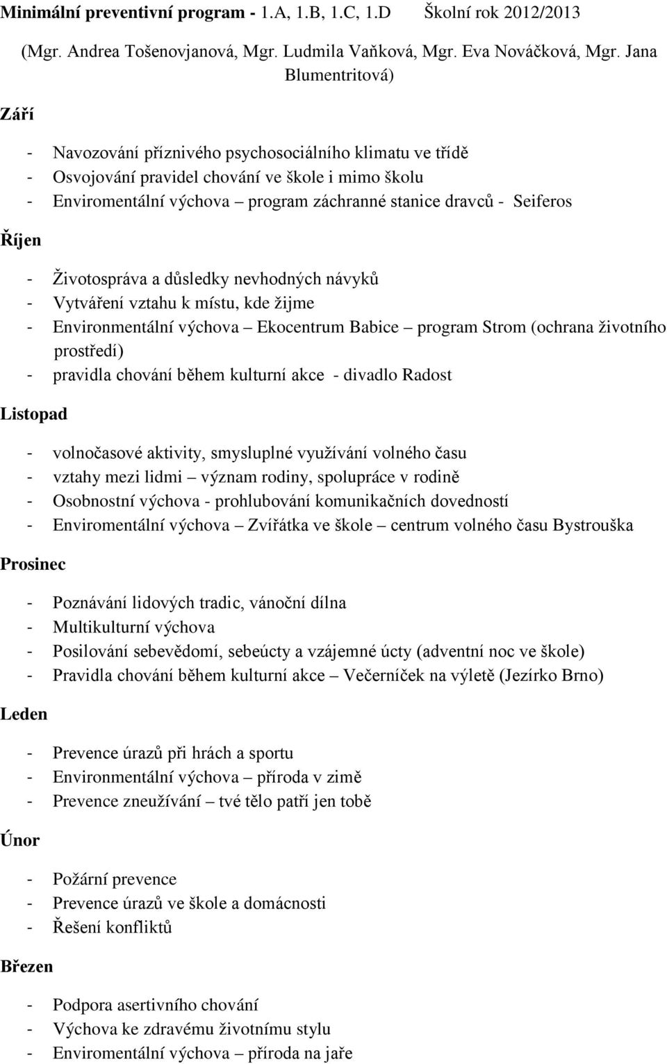 - Životospráva a důsledky nevhodných návyků - Vytváření vztahu k místu, kde žijme - Environmentální výchova Ekocentrum Babice program Strom (ochrana životního prostředí) - pravidla chování během