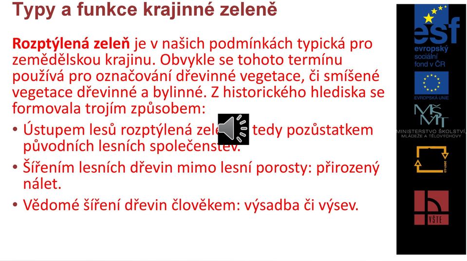 Z historického hlediska se formovala trojím způsobem: Ústupem lesů rozptýlená zeleň je tedy pozůstatkem původních