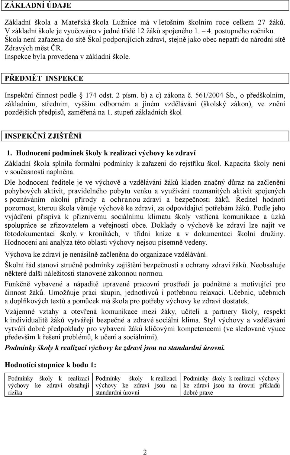 PŘEDMĚT INSPEKCE Inspekční činnost podle 174 odst. 2 písm. b) a c) zákona č. 561/2004 Sb.