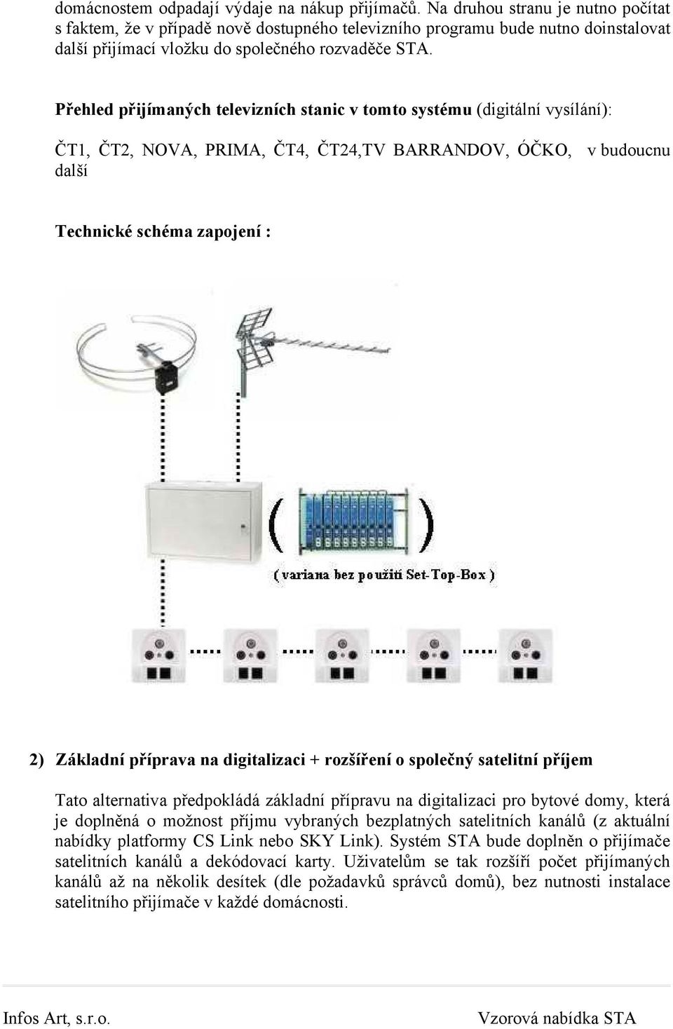 Přehled přijímaných televizních stanic v tomto systému (digitální vysílání): ČT1, ČT2, NOVA, PRIMA, ČT4, ČT24,TV BARRANDOV, ÓČKO, v budoucnu další Technické schéma zapojení : 2) Základní příprava na