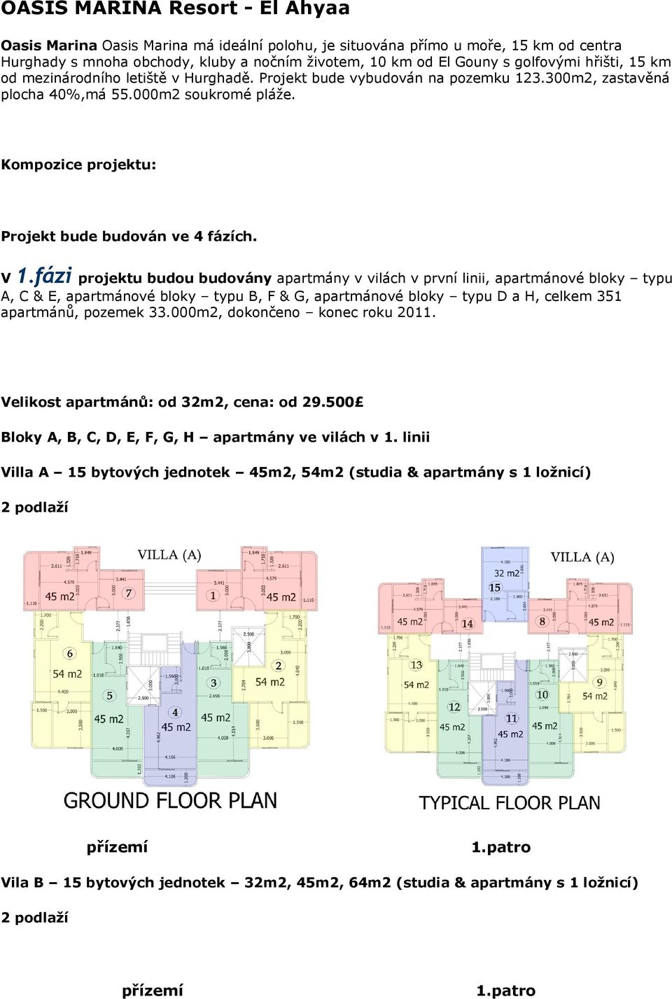 V 1.fázi projektu budou budovány apartmány v vilách v první linii, apartmánové bloky typu A, C & E, apartmánové bloky typu B, F & G, apartmánové bloky typu D a H, celkem 351 apartmánů, pozemek 33.