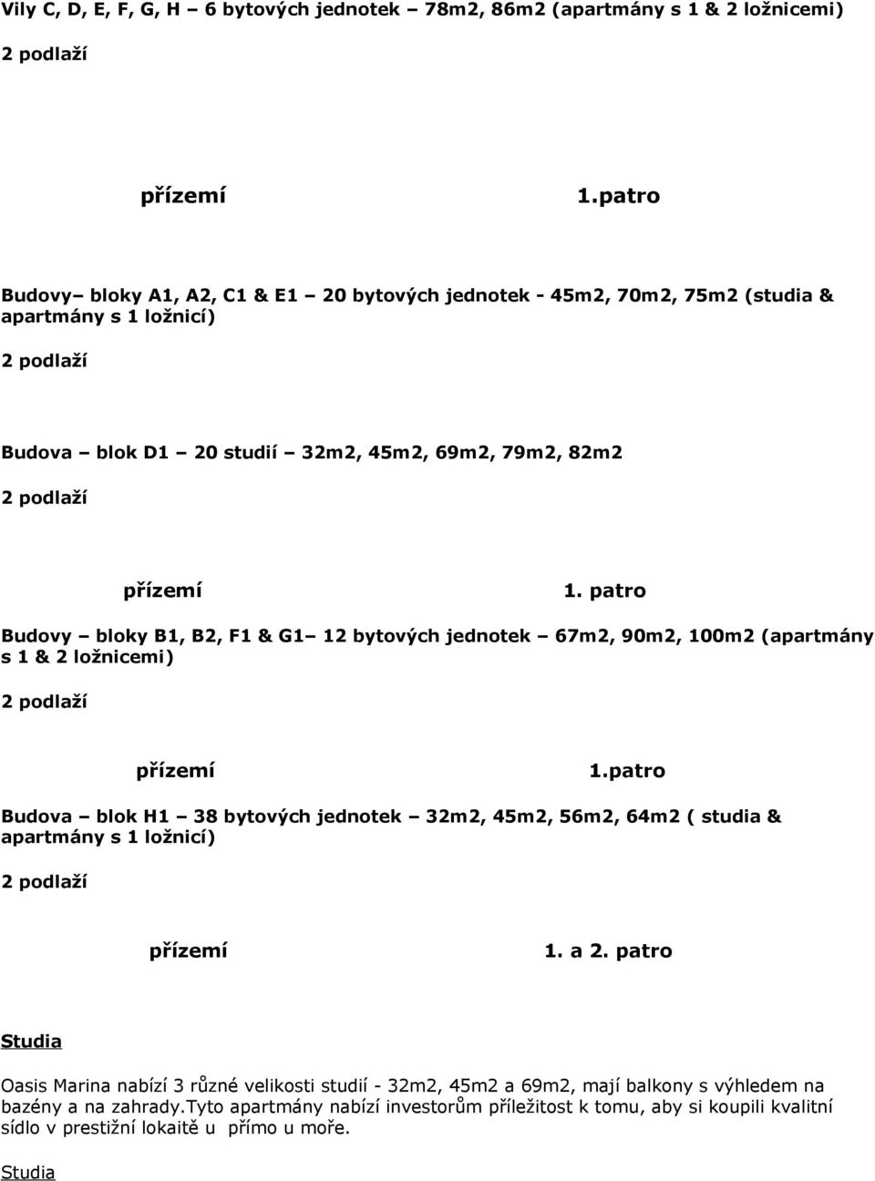 patro Budovy bloky B1, B2, F1 & G1 12 bytových jednotek 67m2, 90m2, 100m2 (apartmány s 1 & 2 ložnicemi) Budova blok H1 38 bytových jednotek 32m2, 45m2, 56m2, 64m2 ( studia &