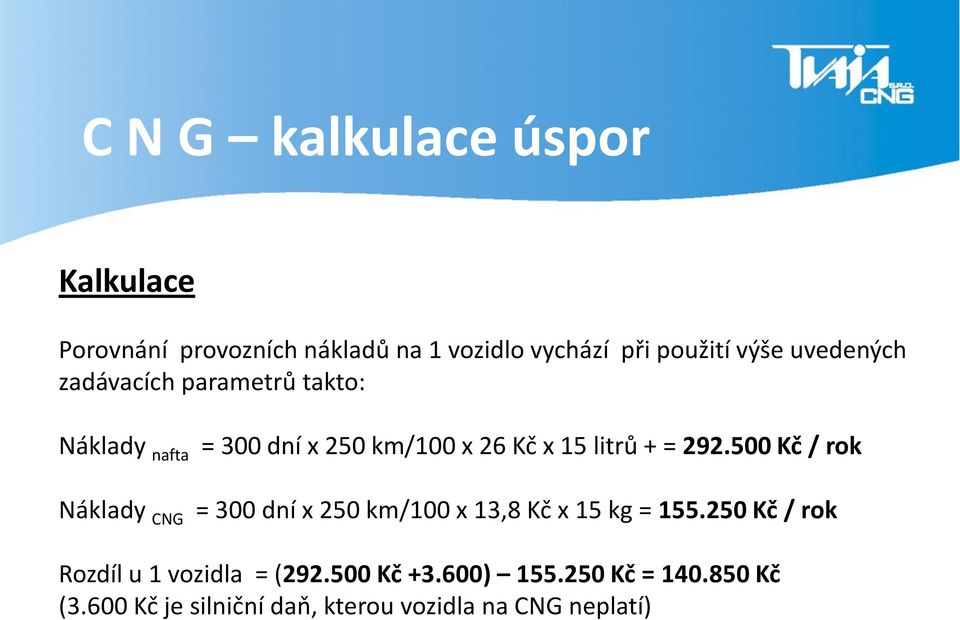500 Kč / rok Náklady CNG = 300 dní x 250 km/100 x 13,8 Kč x 15 kg = 155.