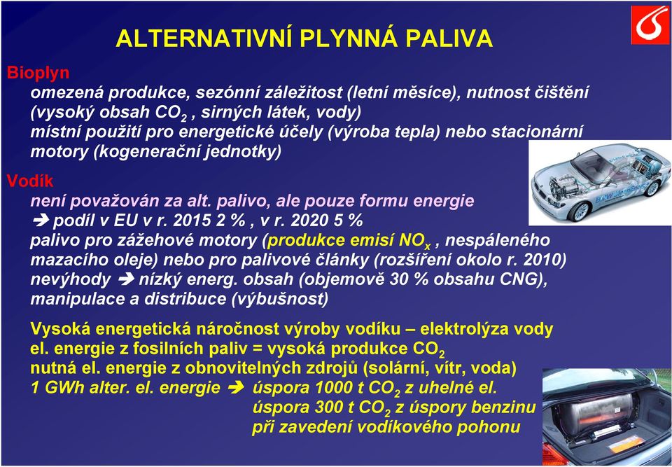 2020 5 % palivo pro zážehové motory (produkce emisí NO x, nespáleného mazacího oleje) nebo pro palivové články (rozšíření okolo r. 2010) nevýhody nízký energ.