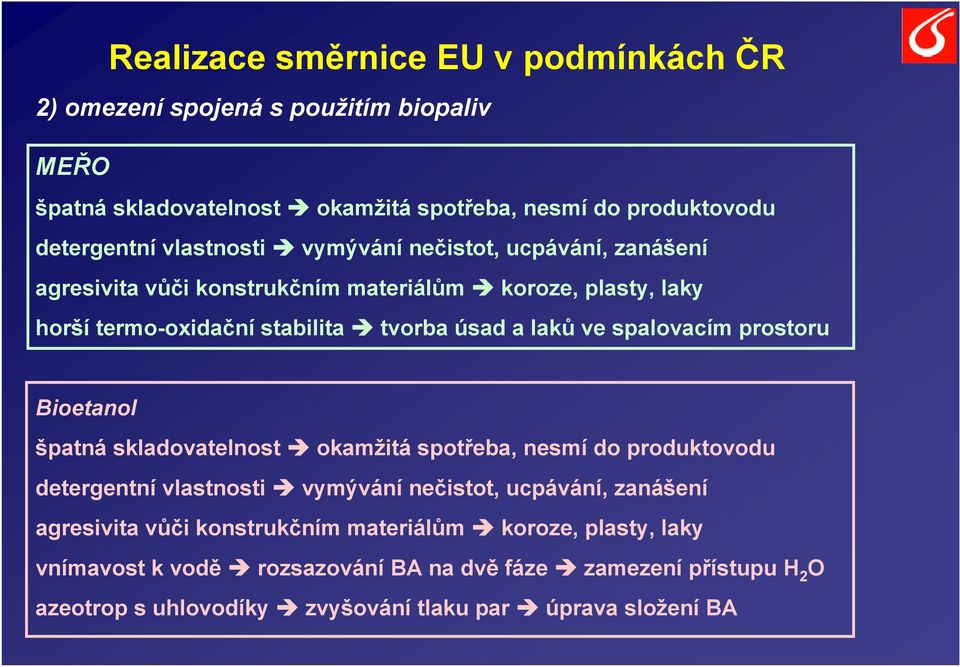 spalovacím prostoru Bioetanol špatná skladovatelnost okamžitá spotřeba, nesmí do produktovodu detergentní vlastnosti vymývání nečistot, ucpávání, zanášení agresivita