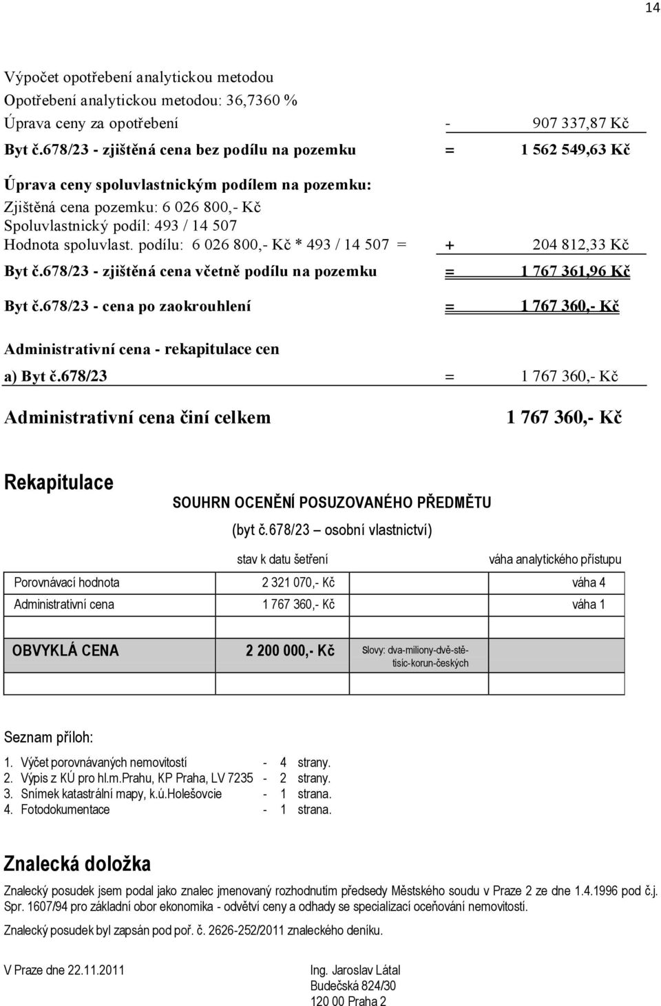 spoluvlast. podílu: 6 026 800,- Kč * 493 / 14 507 = + 204 812,33 Kč Byt č.678/23 - zjištěná cena včetně podílu na pozemku = 1 767 361,96 Kč Byt č.