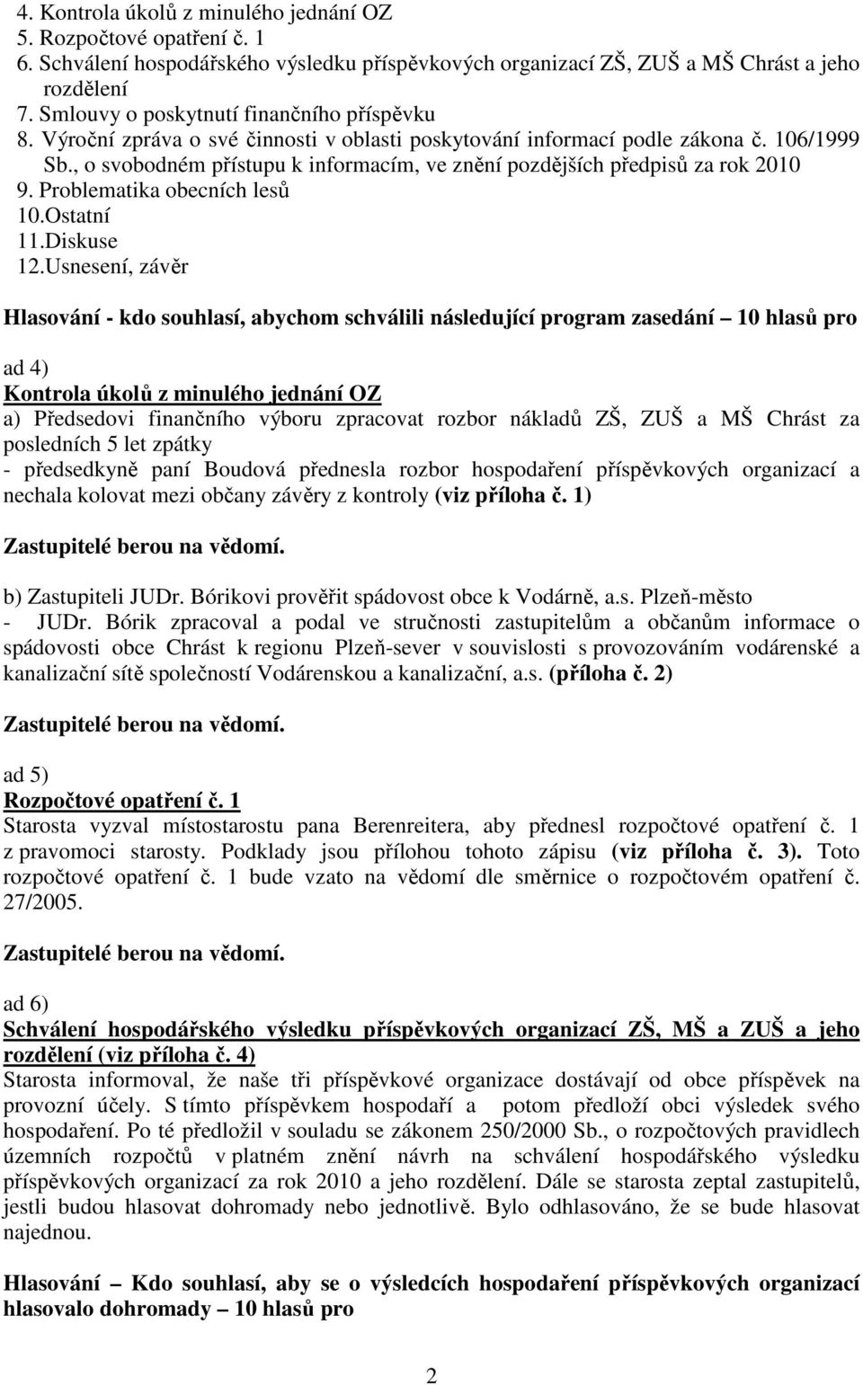 , o svobodném přístupu k informacím, ve znění pozdějších předpisů za rok 2010 9. Problematika obecních lesů 10.Ostatní 11.Diskuse 12.