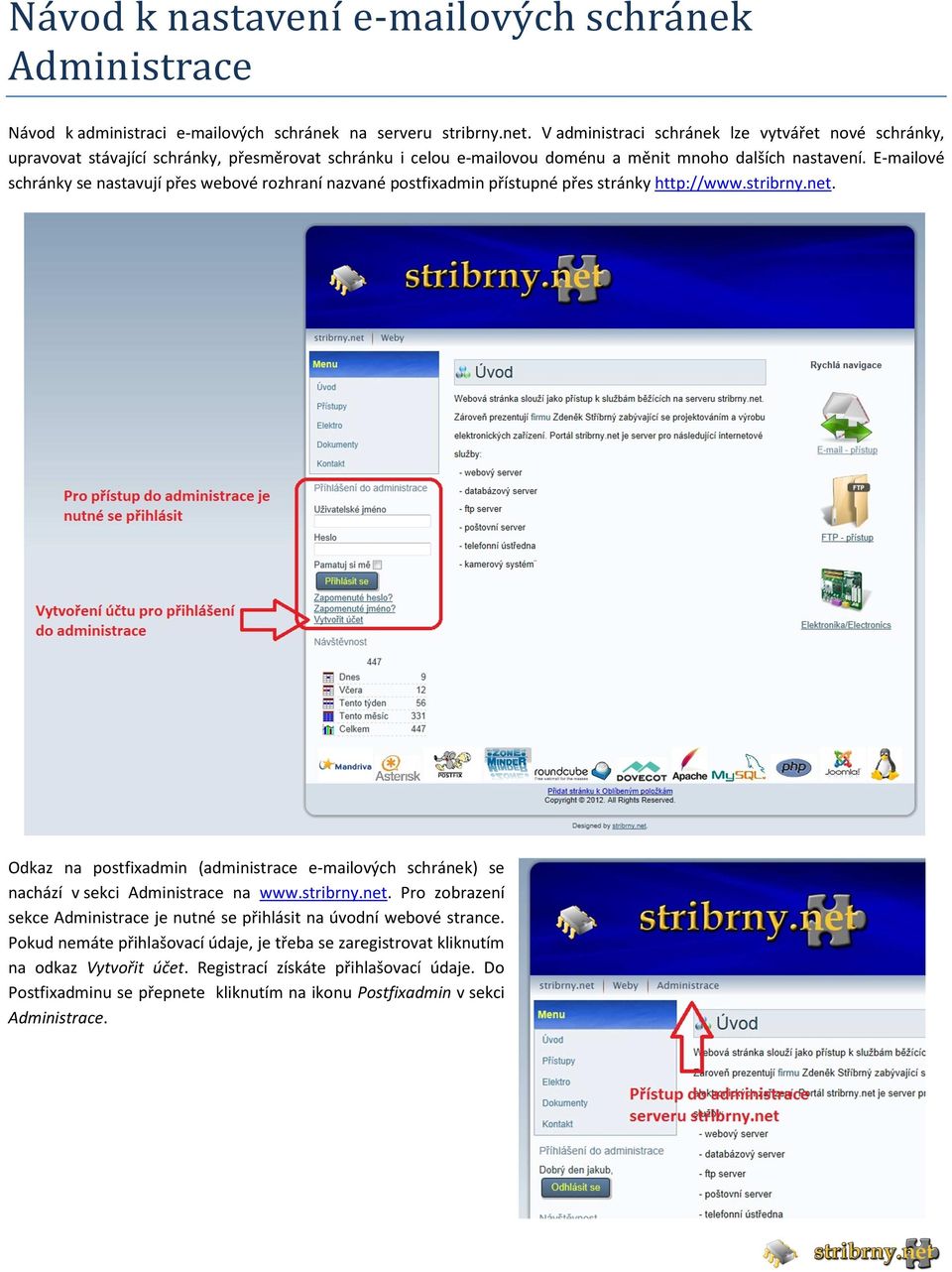 E-mailové schránky se nastavují přes webové rozhraní nazvané postfixadmin přístupné přes stránky http://www.stribrny.net.