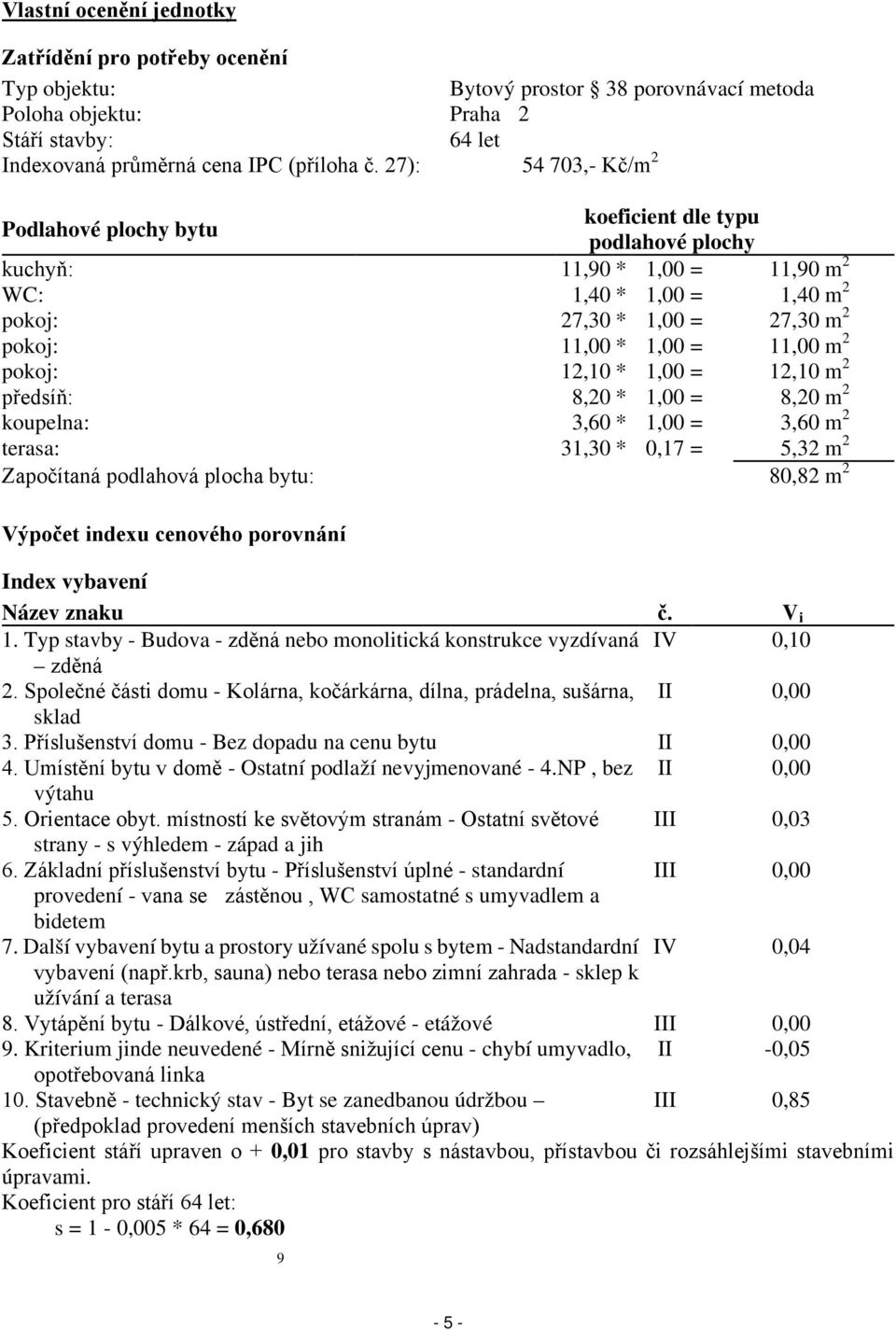 m 2 pokoj: 12,10 * 1,00 = 12,10 m 2 předsíň: 8,20 * 1,00 = 8,20 m 2 koupelna: 3,60 * 1,00 = 3,60 m 2 terasa: 31,30 * 0,17 = 5,32 m 2 Započítaná podlahová plocha bytu: 80,82 m 2 Výpočet indexu