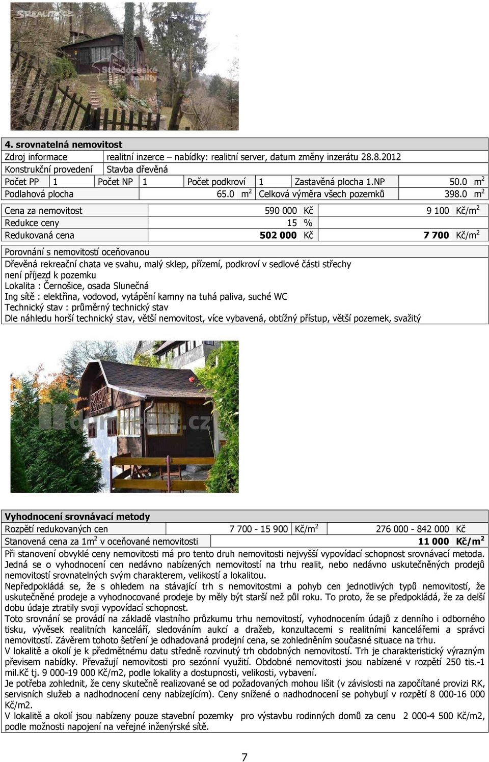 0 m 2 Cena za nemovitost 590 000 Kč 9 100 Kč/m 2 Redukce ceny 15 % Redukovaná cena 502 000 Kč 7 700 Kč/m 2 Porovnání s nemovitostí oceňovanou Dřevěná rekreační chata ve svahu, malý sklep, přízemí,
