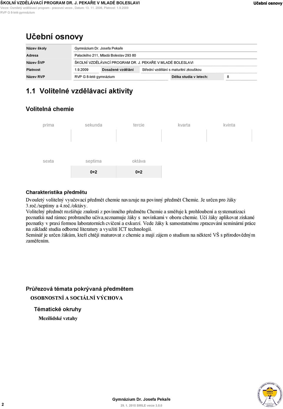 1 Volitelné vzdělávací aktivity prima sekunda tercie kvarta oktáva 0+2 0+2 Charakteristika předmětu Dvouletý volitelný vyučovací předmět chemie navazuje na povinný předmět Chemie. Je určen pro žáky 3.