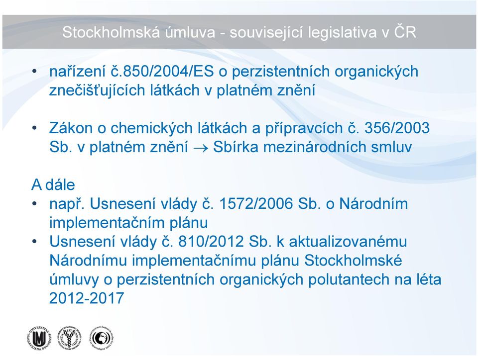 přípravcích p č. 356/2003 Sb. v platném znění Sbírka mezinárodních smluv A dále např. Usnesení vlády č. 1572/2006 Sb.