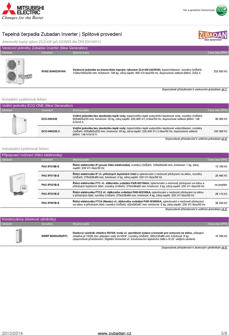 Vnitřní jednotky ECO-ONE (Next Generation) ECO-HW23E Vnitřní jednotka bez zásobníku teplé vody, topení/ohřev teplé vody/ohřev bazénové vody, rozměry (VxŠxH): 605x605x235 mm, hmotnost: 35 kg, zdroj