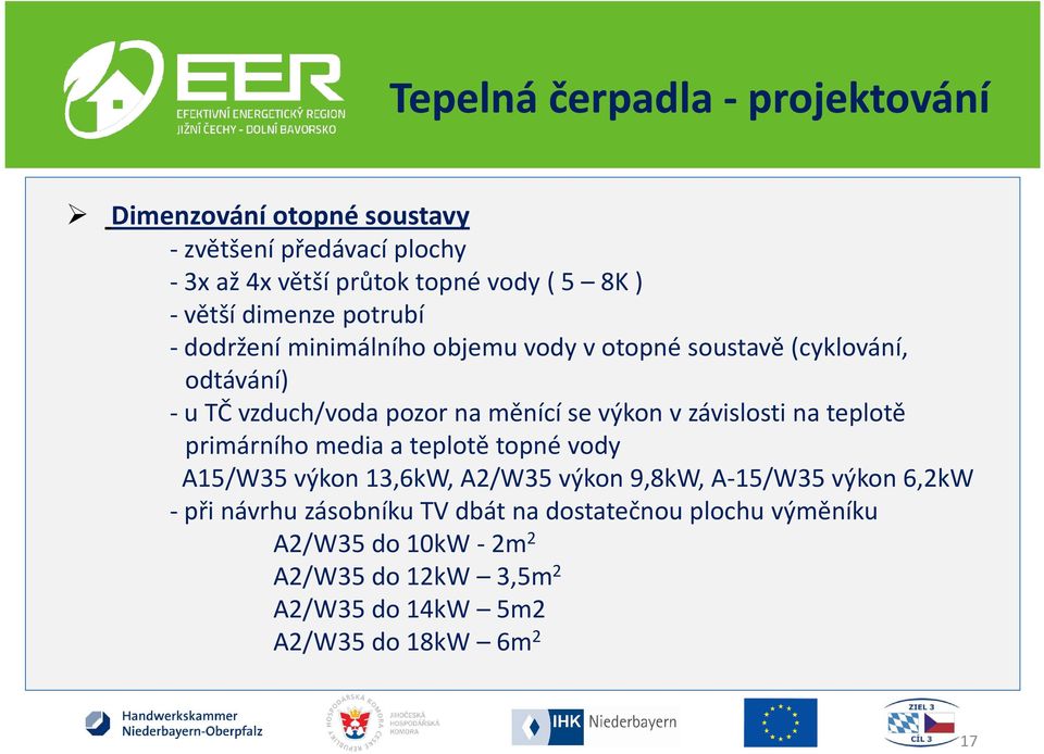 výkon v závislosti na teplotě primárního media a teplotě topné vody A15/W35 výkon 13,6kW, A2/W35 výkon 9,8kW, A-15/W35 výkon 6,2kW -