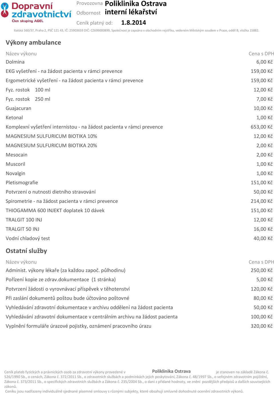 Muscoril Novalgin Pletismografie Potvrzení o nutnosti dietního stravování Spirometrie - na žádost pacienta v rámci prevence THIOGAMMA 600 INJEKT doplatek 10 dávek TRALGIT 100 INJ