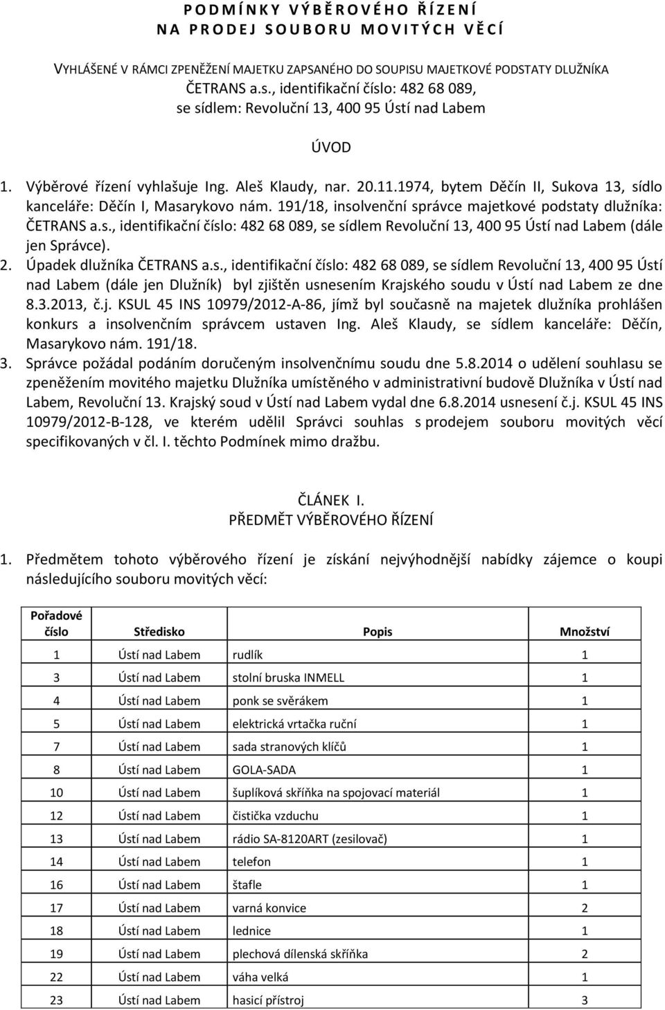 1974, bytem Děčín II, Sukova 13, sídlo kanceláře: Děčín I, Masarykovo nám. 191/18, insolvenční správce majetkové podstaty dlužníka: ČETRANS a.s., identifikační číslo: 482 68 089, se sídlem Revoluční 13, 400 95 Ústí nad Labem (dále jen Správce).