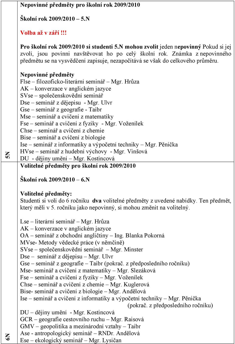 5N Nepovinné předměty Flse filozoficko-literární seminář Mgr. Hrůza SVse společenskovědní seminář Dse seminář z dějepisu - Mgr.