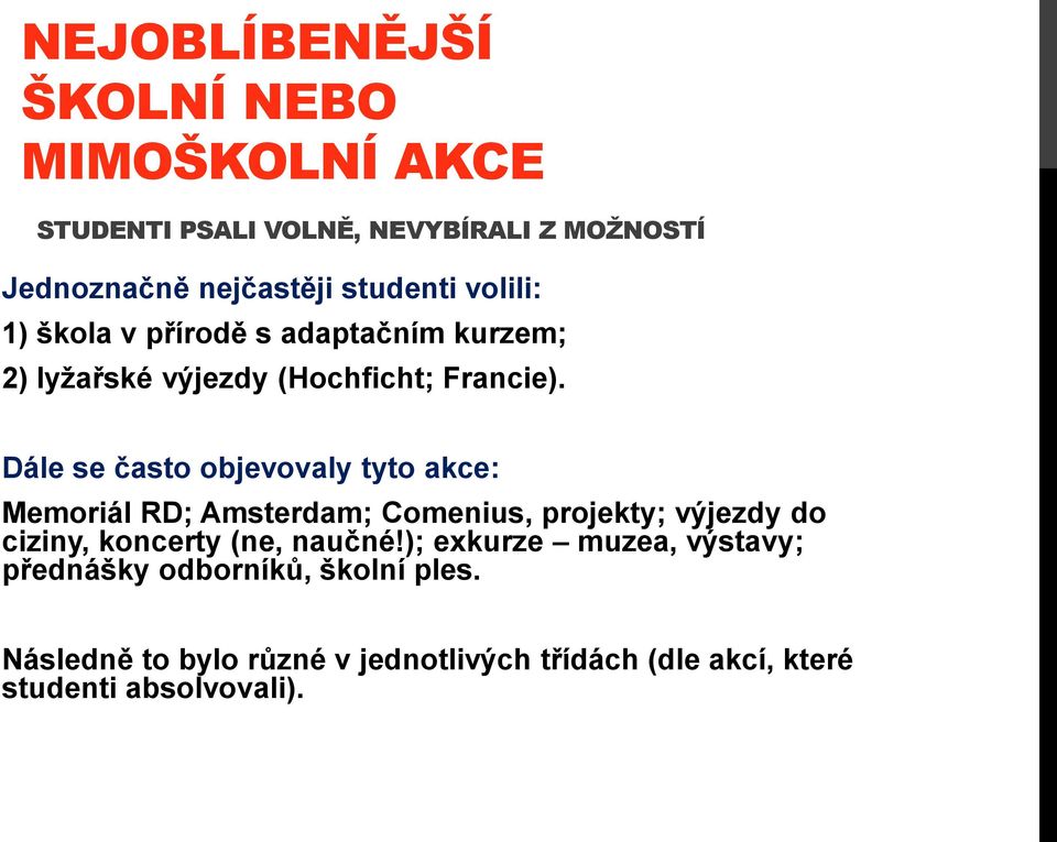 Dále se často objevovaly tyto akce: Memoriál RD; Amsterdam; Comenius, projekty; výjezdy do ciziny, koncerty (ne,