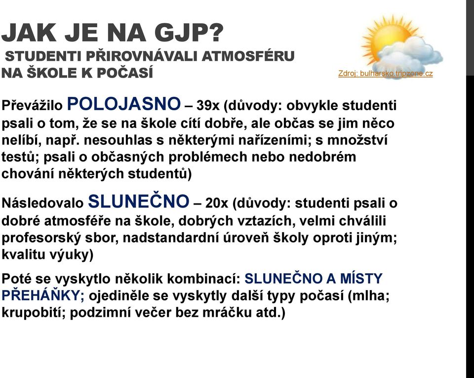 nesouhlas s některými nařízeními; s množství testů; psali o občasných problémech nebo nedobrém chování některých studentů) Následovalo SLUNEČNO 20x (důvody: studenti