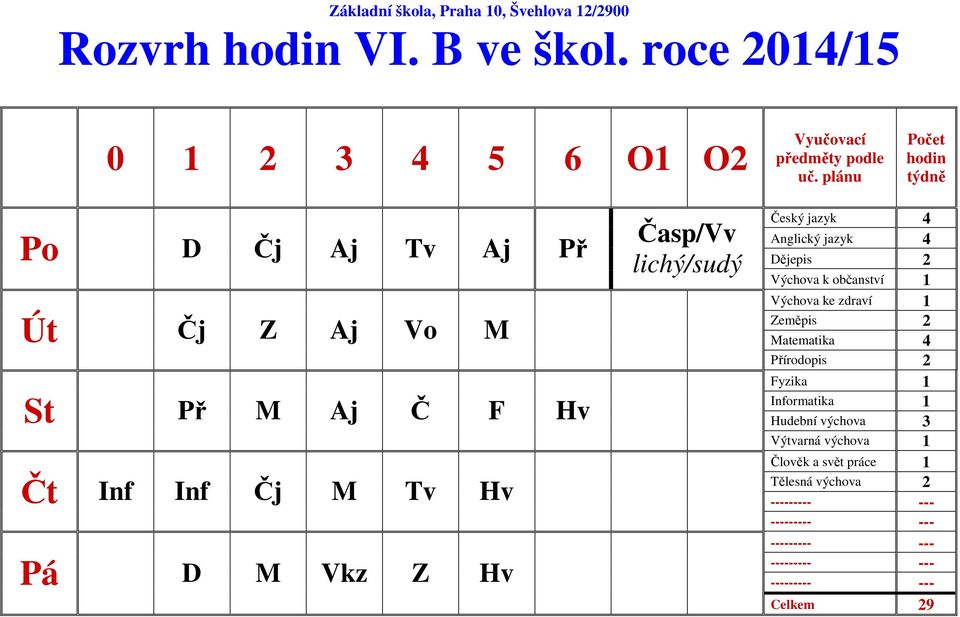 Vkz Z Hv Časp/Vv lichý/sudý Český jazyk 4 Dějepis 2 Výchova k občanství 1 Výchova ke