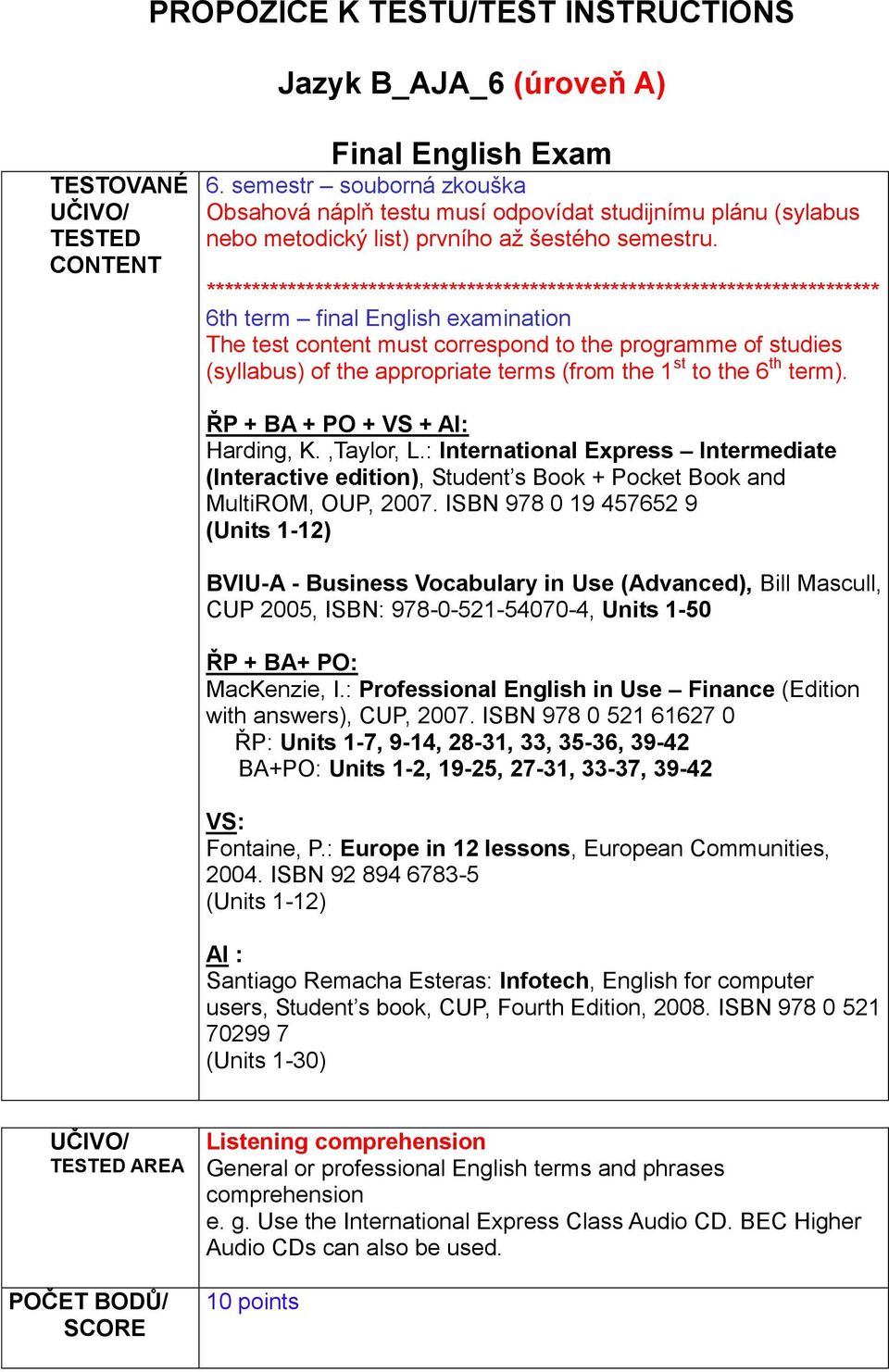 *************************************************************************** 6th term final English examination The test content must correspond to the programme of studies (syllabus) of the