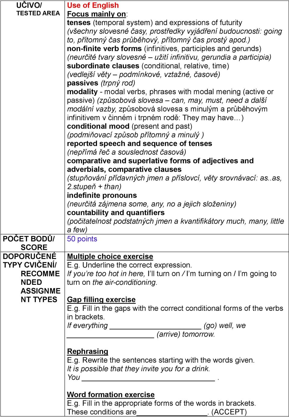 podmínkové, vztažné, časové) passives (trpný rod) modality - modal verbs, phrases with modal mening (active or passive) (způsobová slovesa can, may, must, need a další modální vazby, způsobová