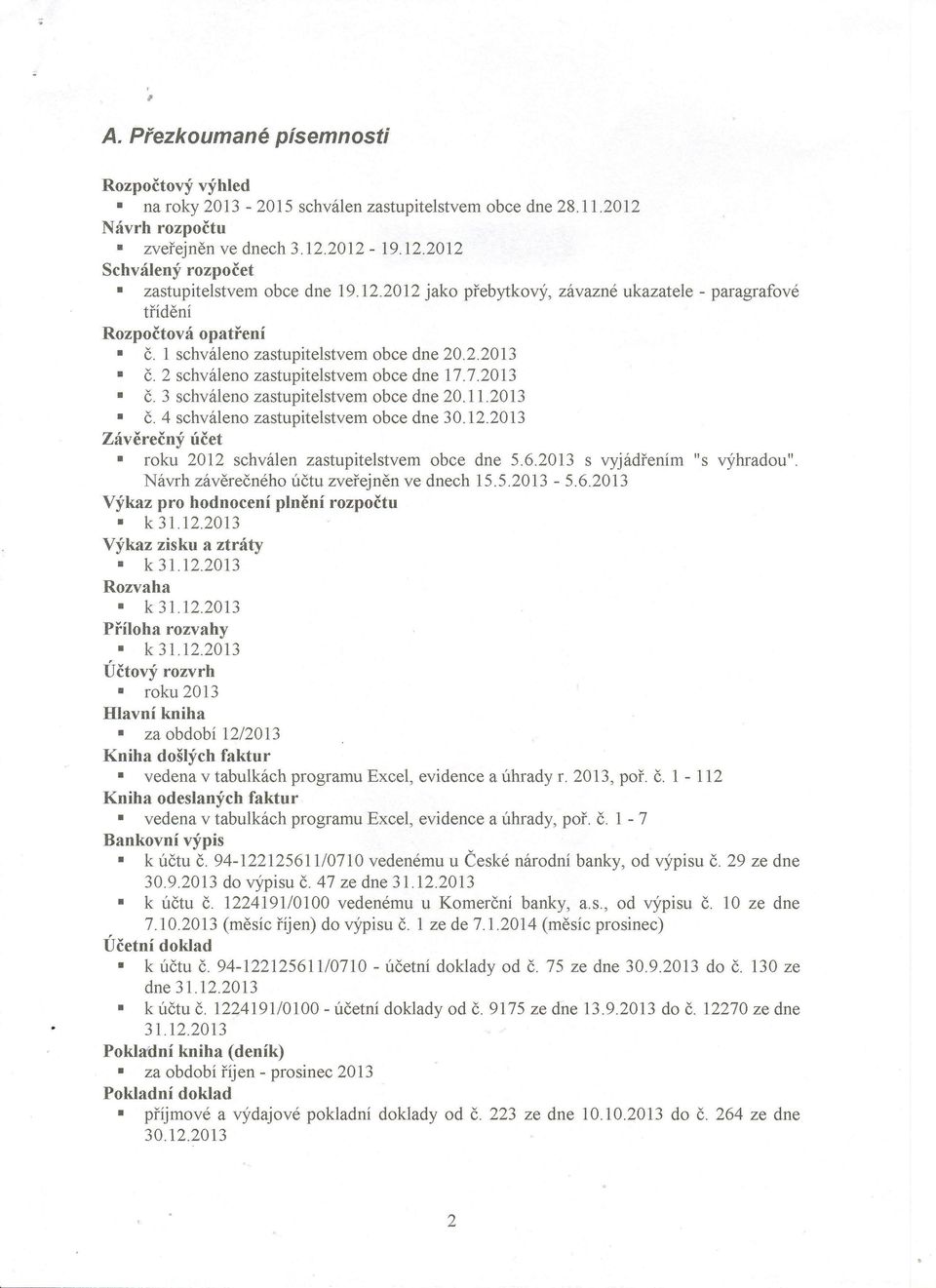 11.2013 č. 4 schváleno zastupitelstvem obce dne 30.12.2013 Závěrečný účet roku 2012 schválen zastupitelstvem obce dne 5.6.2013 s vyjádřením "s výhradou". Návrh závěrečného účtu zveřejněn ve dnech 15.